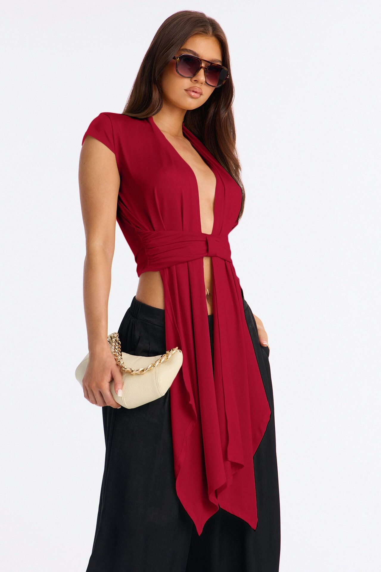 Vividly Sharp Drape Short Sleeve Top - Red
