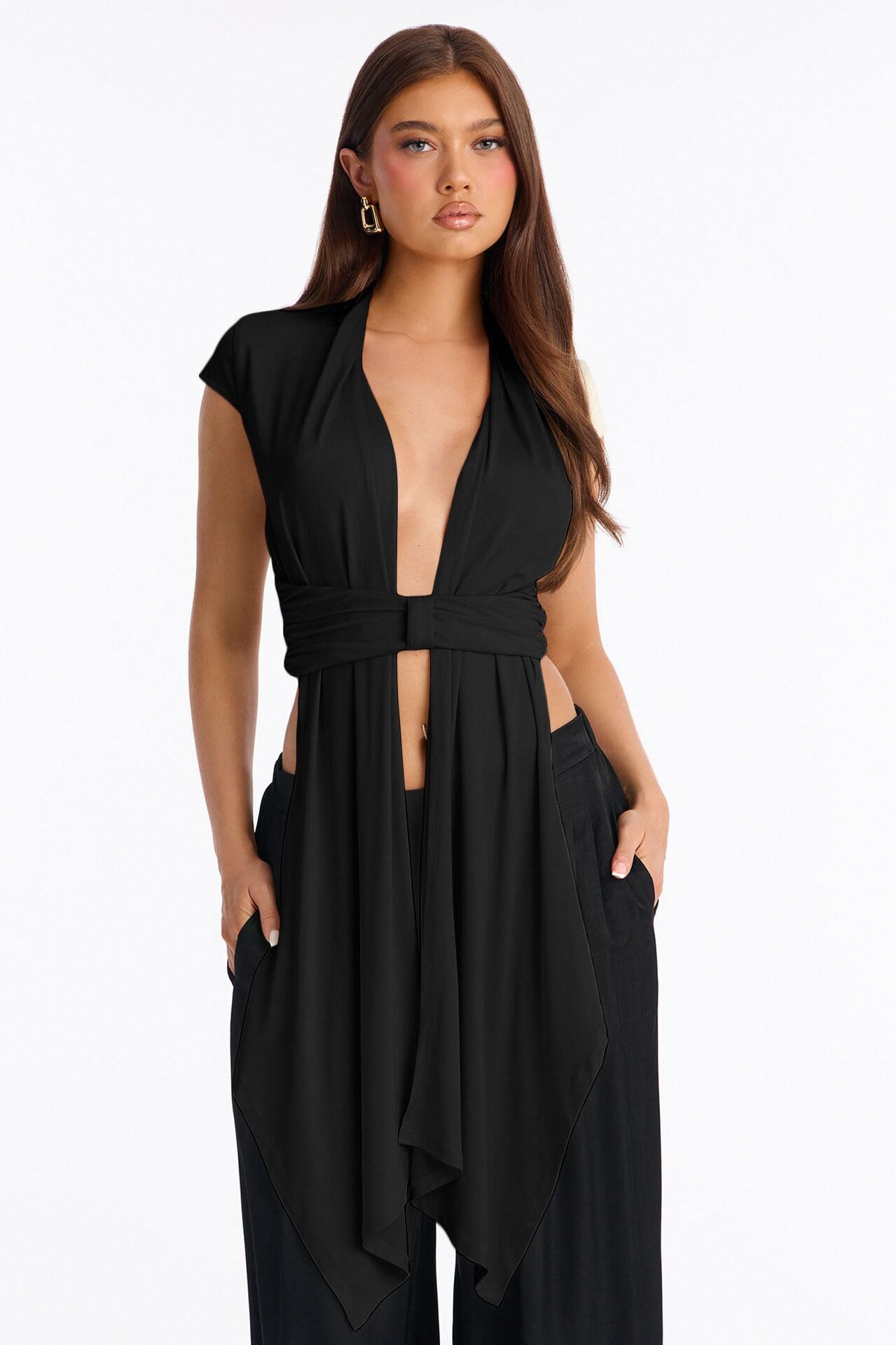 Vividly Sharp Drape Short Sleeve Top - Black