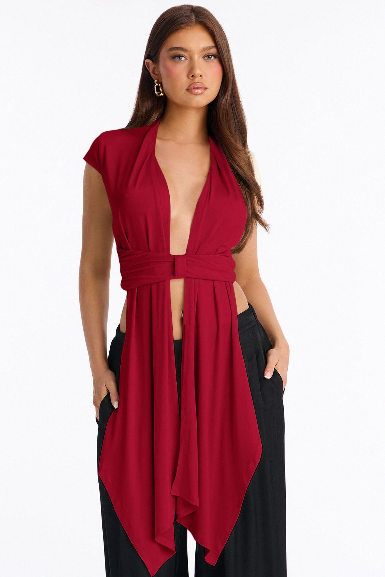 Vividly Sharp Drape Short Sleeve Top - Red
