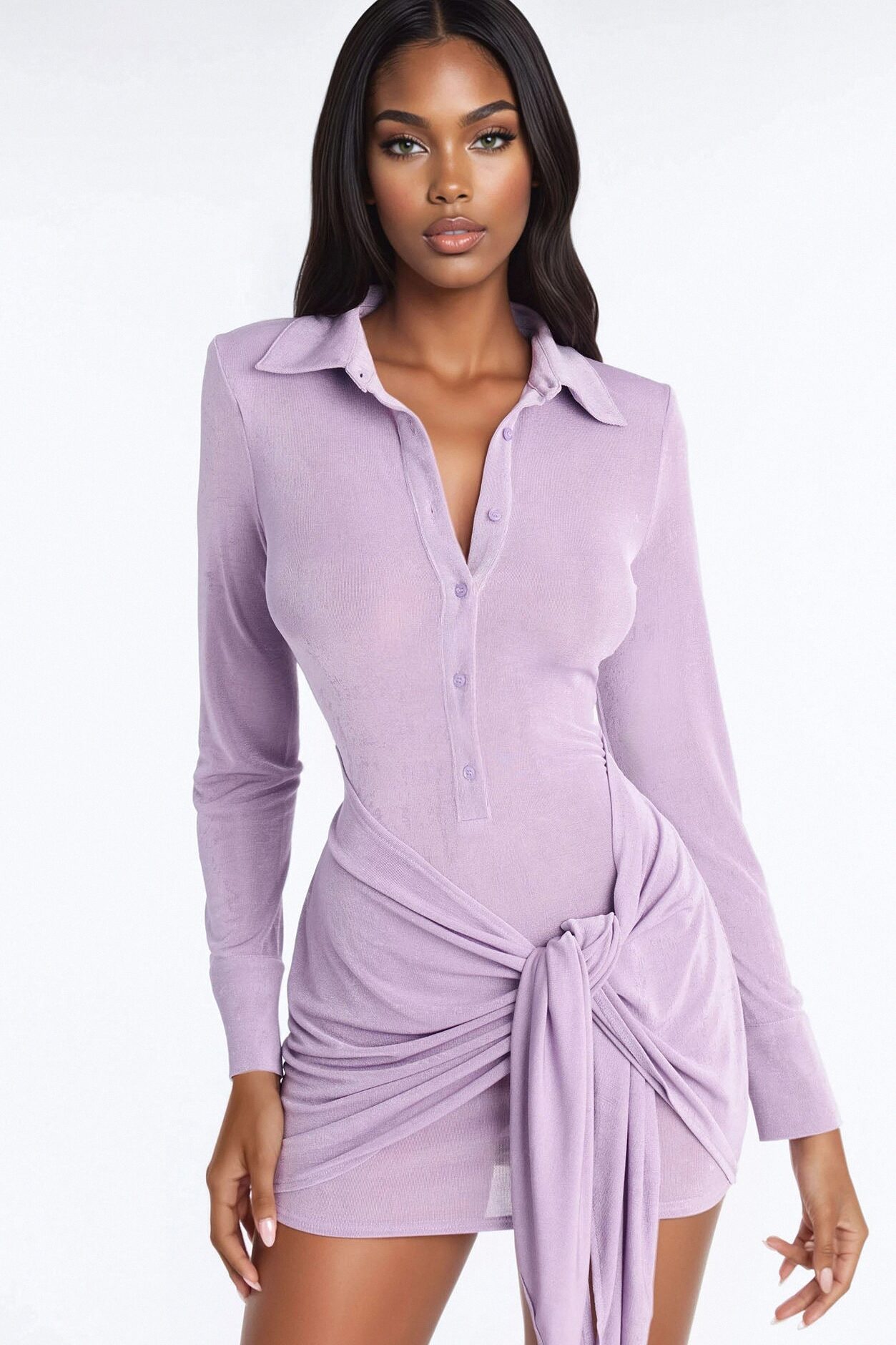 Annistyn Long Sleeve Slinky Mini Dress - Lavender