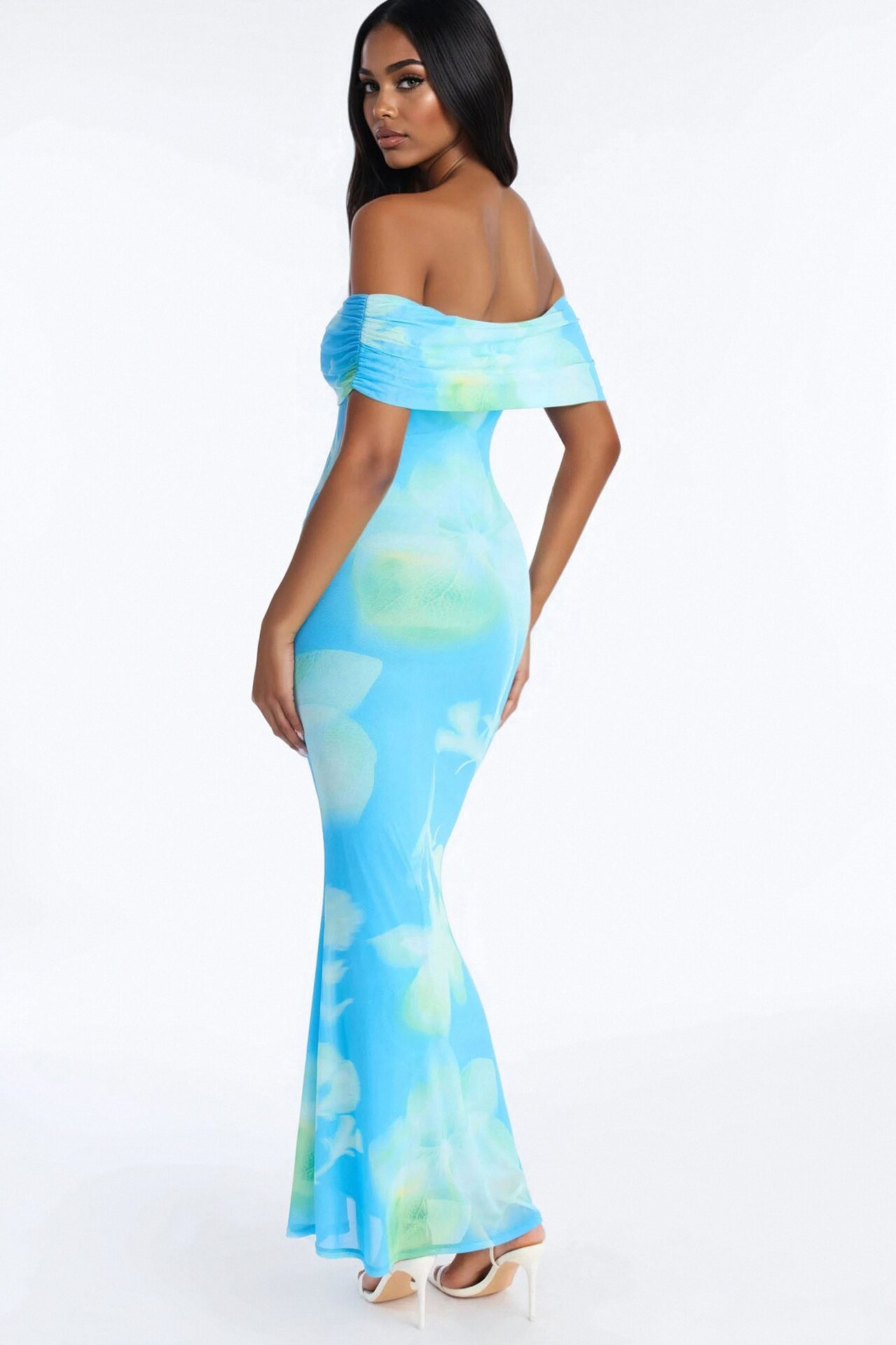 Emilee Off Shoulder Mesh Maxi Dress - Blue/combo
