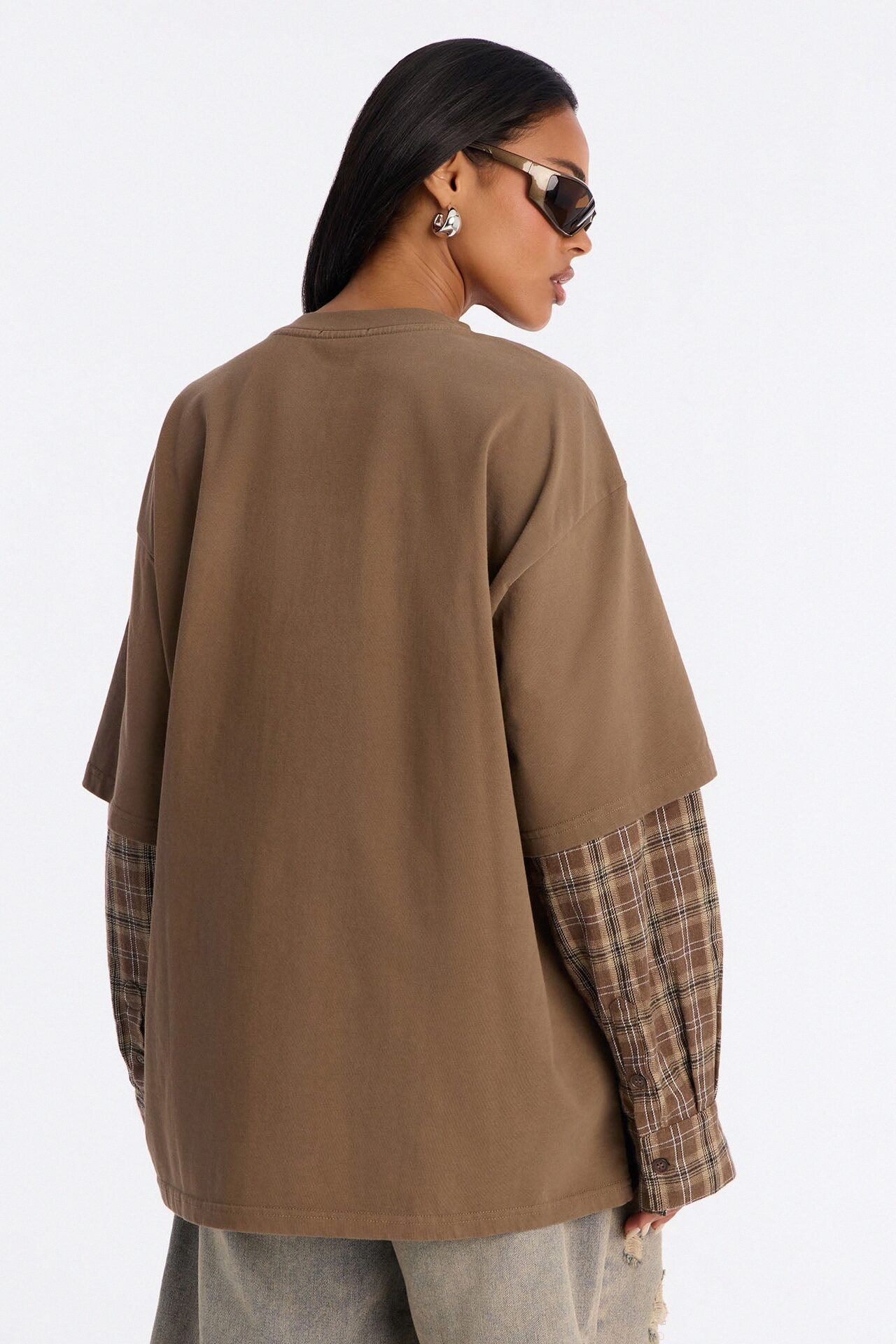 Stole Your Boyfriends Oversized Plaid Long Sleeve T-Shirt - Brown/combo