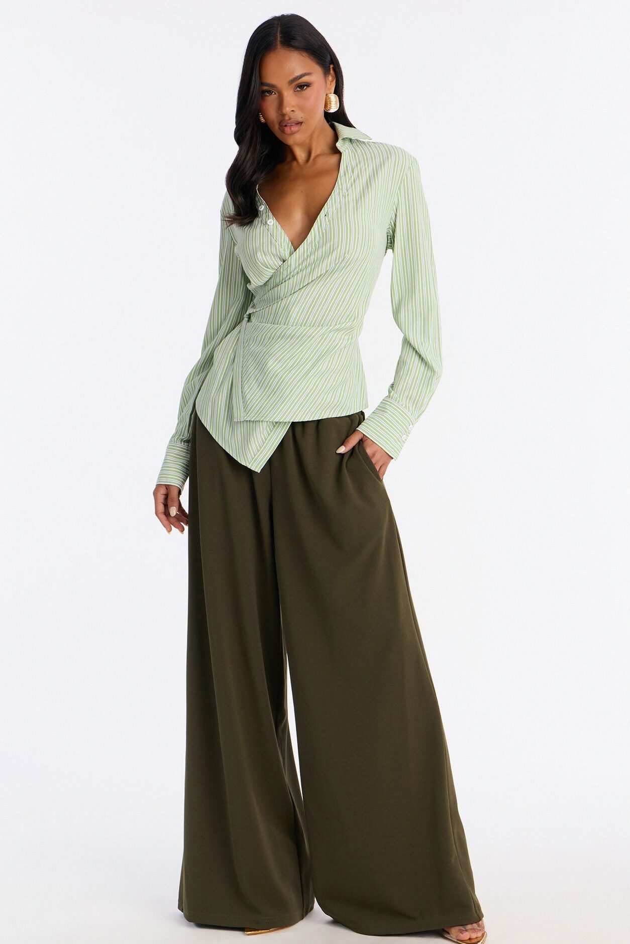 Savanna Wrap Over Striped Poplin Shirt - Green/combo