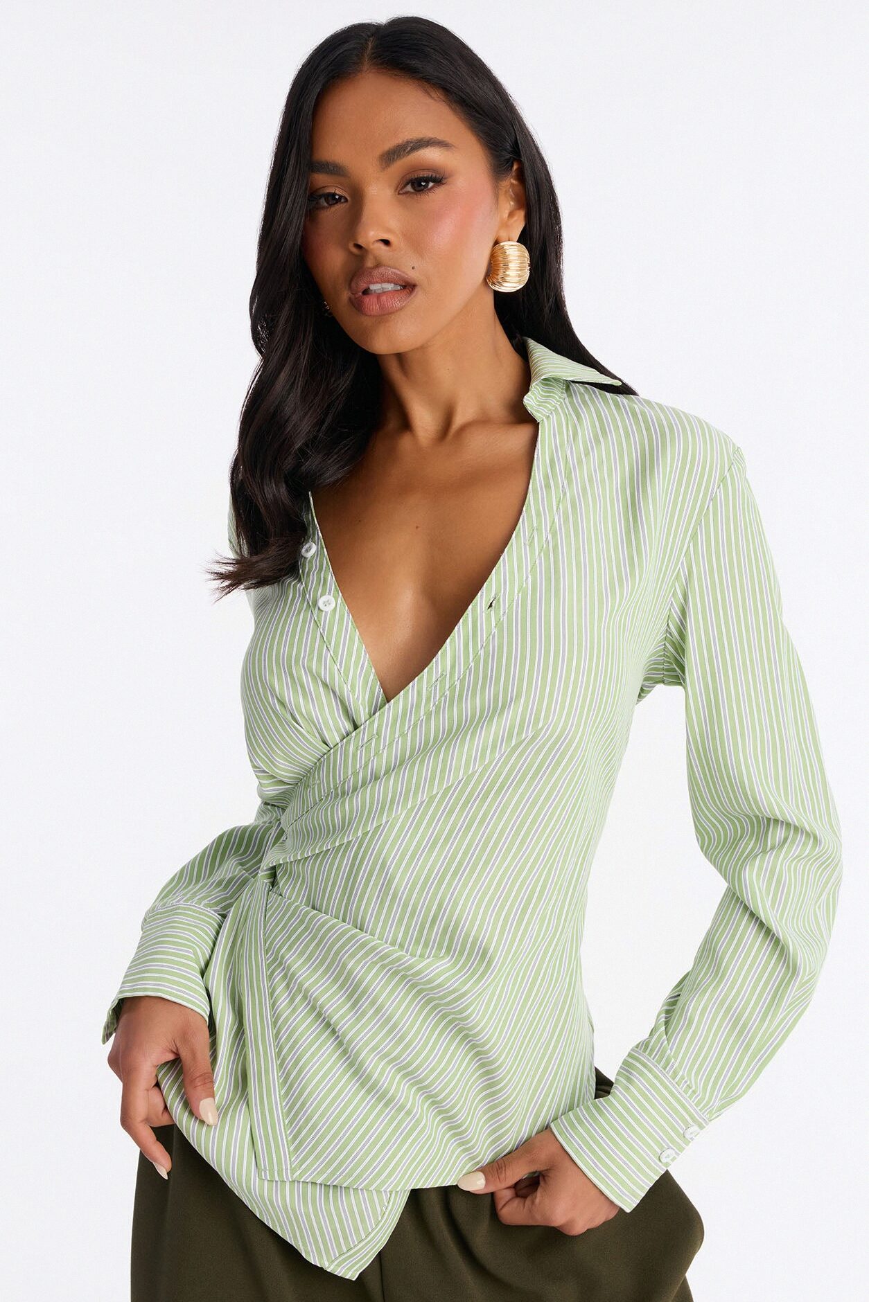 Savanna Wrap Over Striped Poplin Shirt - Green/combo