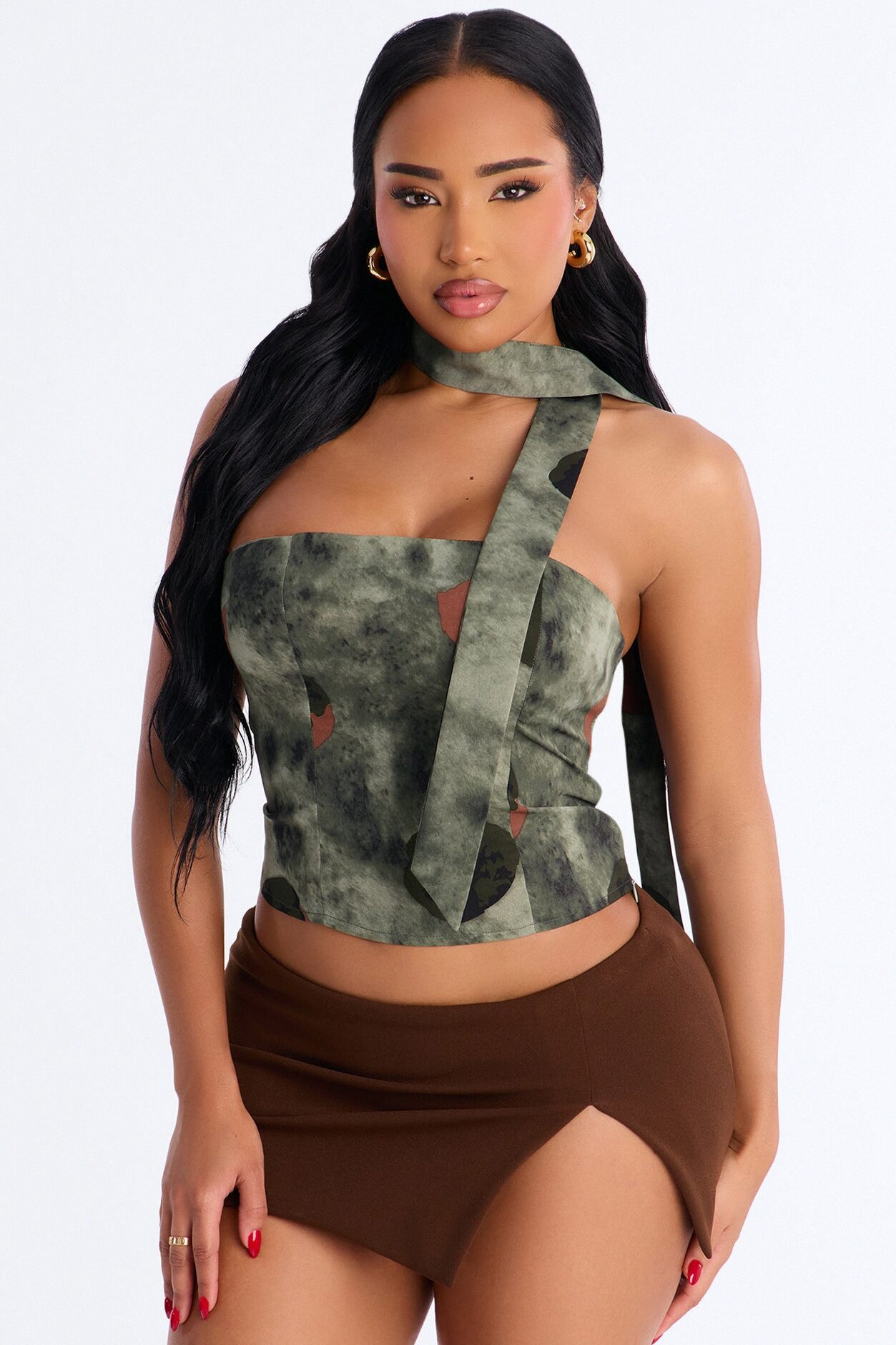 Talking Crazy Printed Scarf Satin Top Set - Green/combo