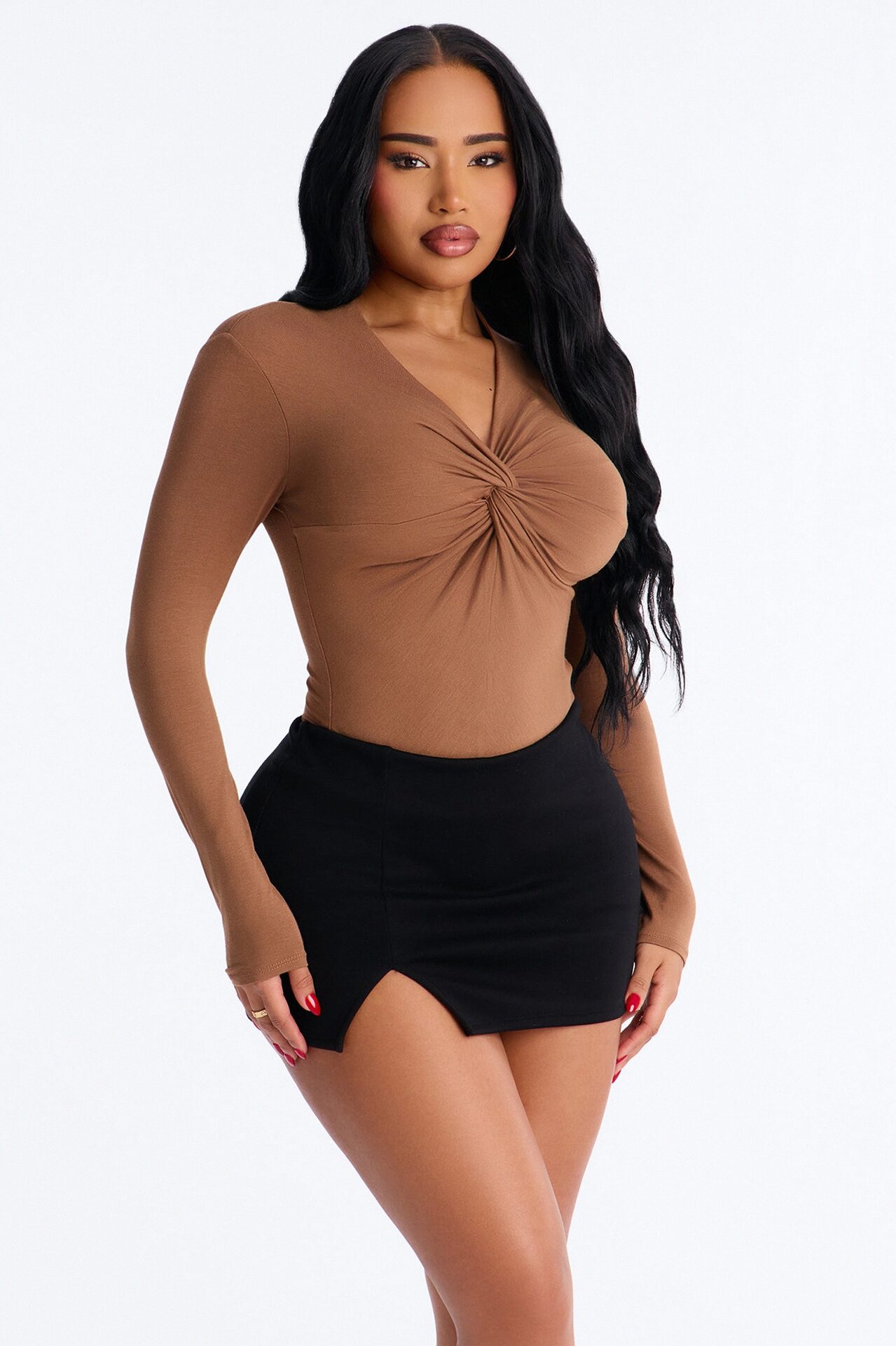 Pure Twist V-Neck Long Sleeve Top - Mocha
