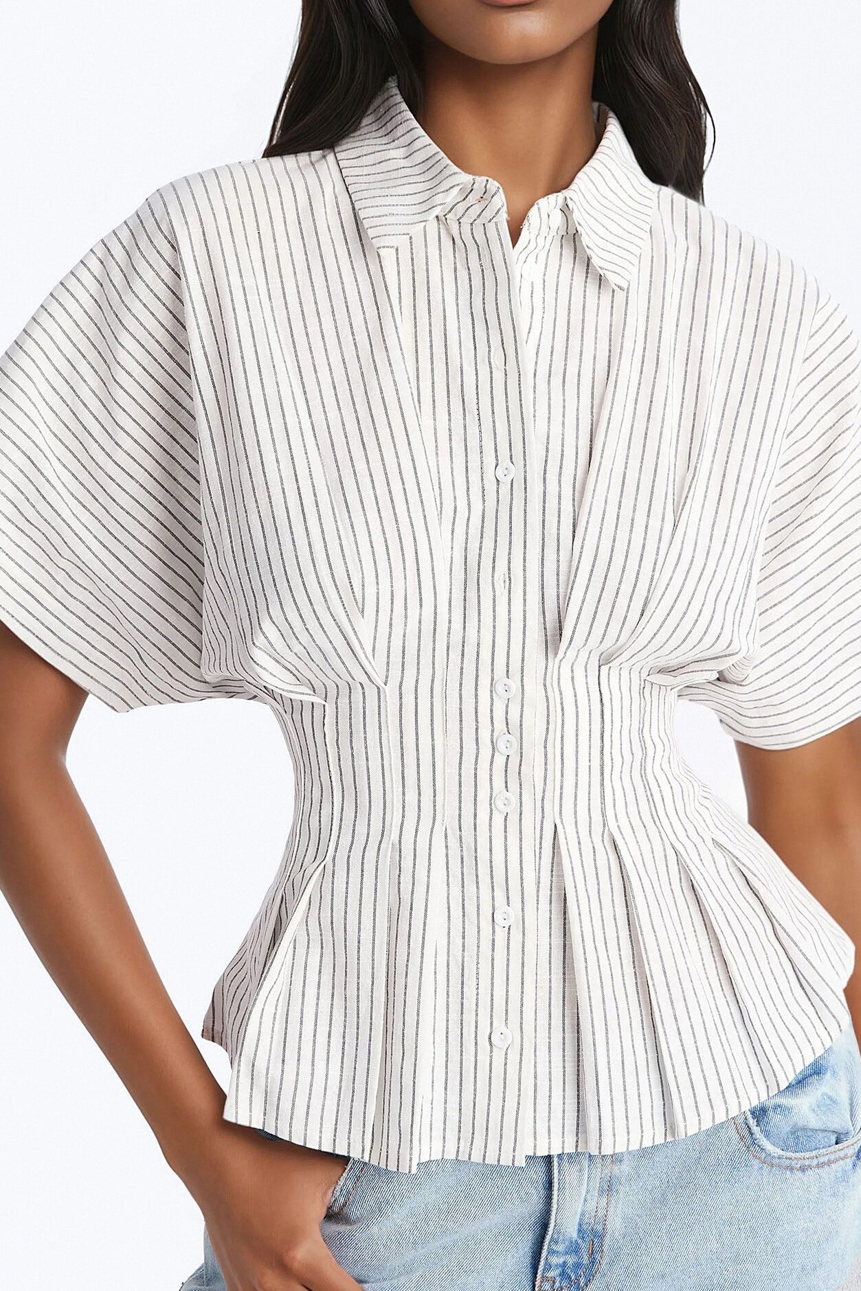 Take It Easy Pleated Stripe Linen Shirt - Cream/combo