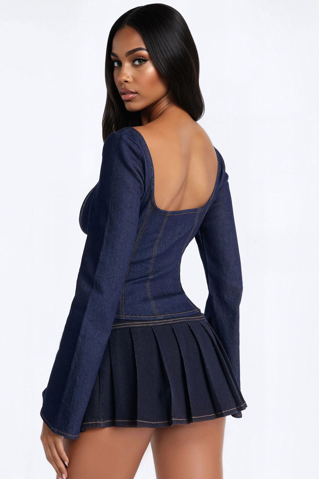 Miss Professional Front Zip Denim Top - Dark Wash