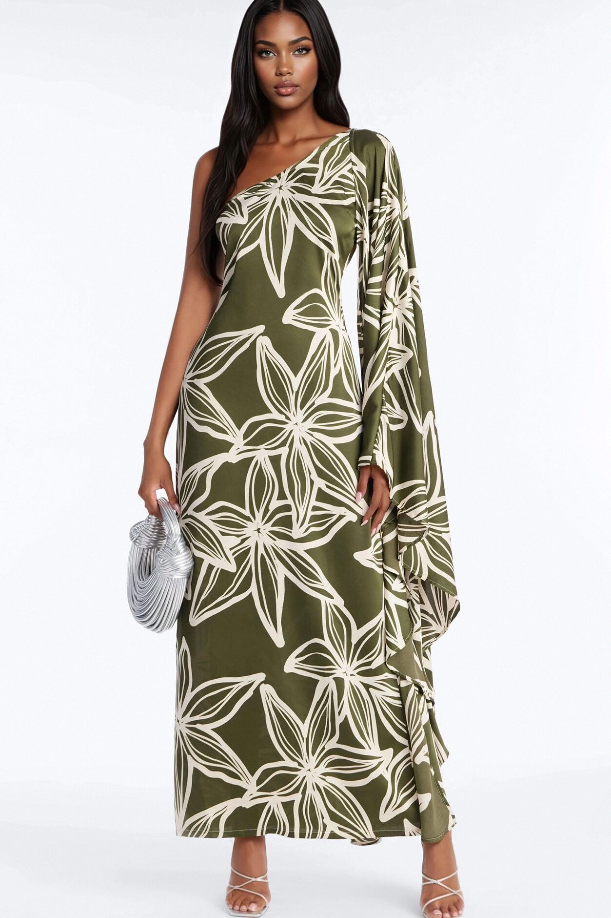 Maeve One Shoulder Satin Maxi Dress - Olive/combo
