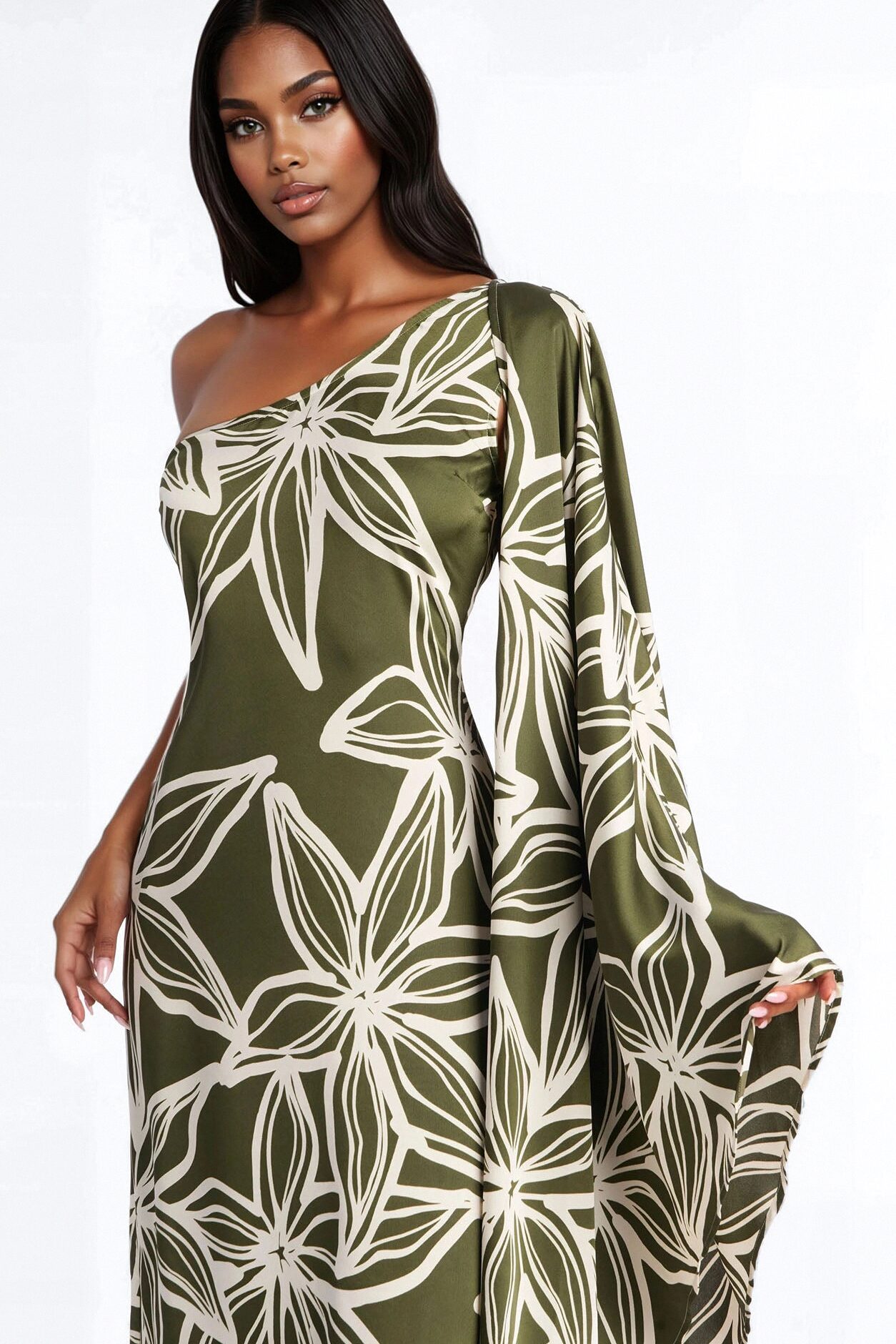 Maeve One Shoulder Satin Maxi Dress - Olive/combo