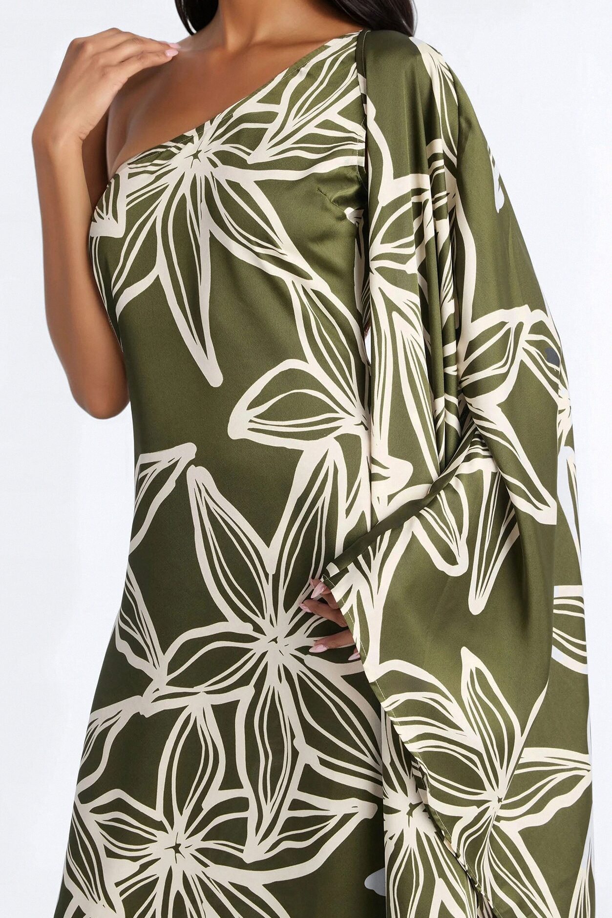 Maeve One Shoulder Satin Maxi Dress - Olive/combo
