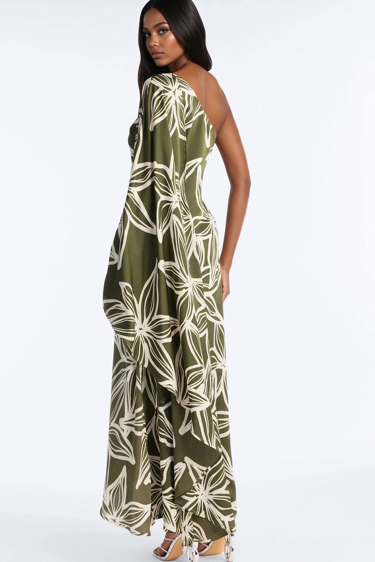 Maeve One Shoulder Satin Maxi Dress - Olive/combo