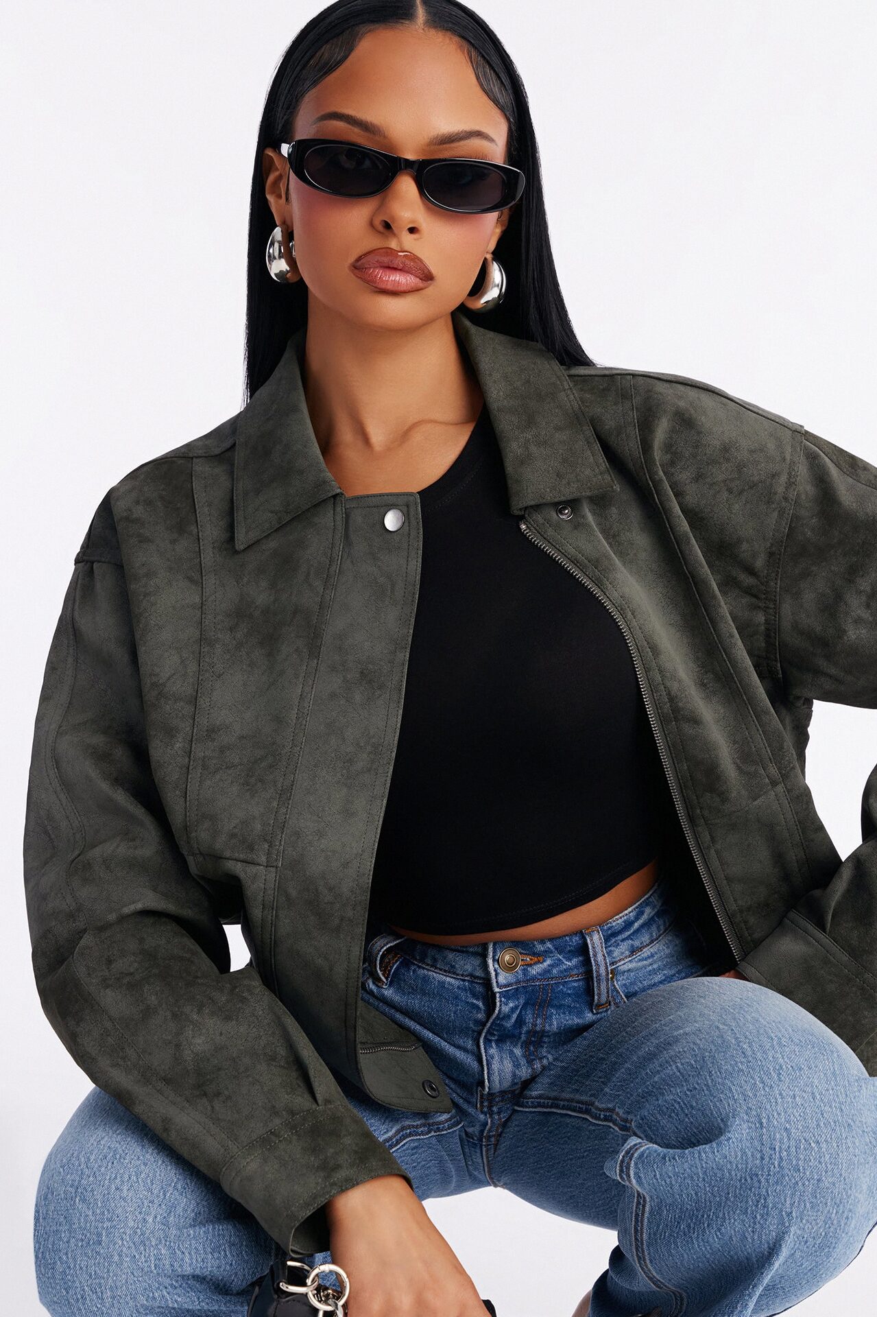 Corey Washed Faux Leather Bomber Jacket - Olive