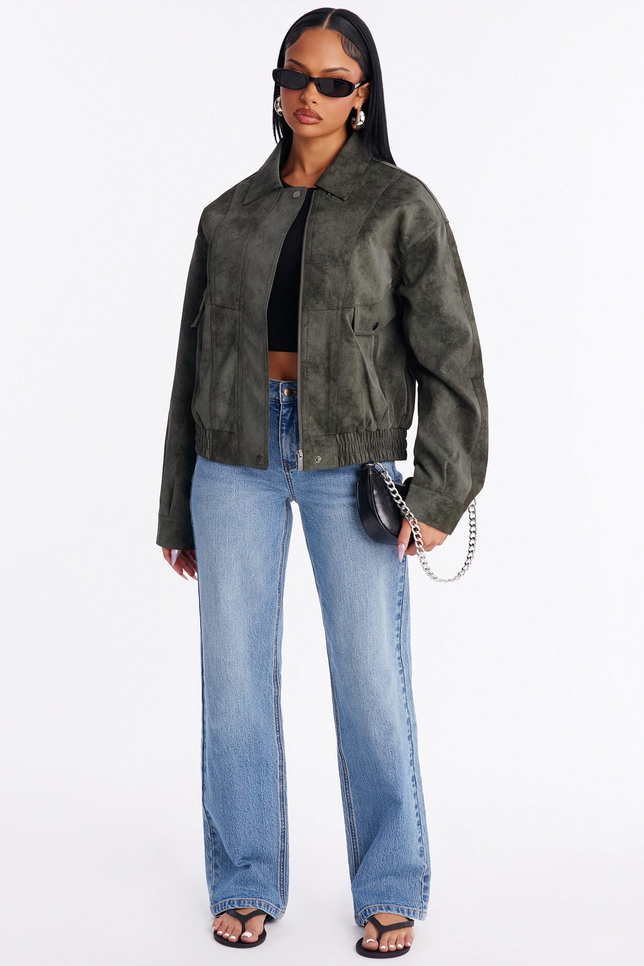 Corey Washed Faux Leather Bomber Jacket - Olive