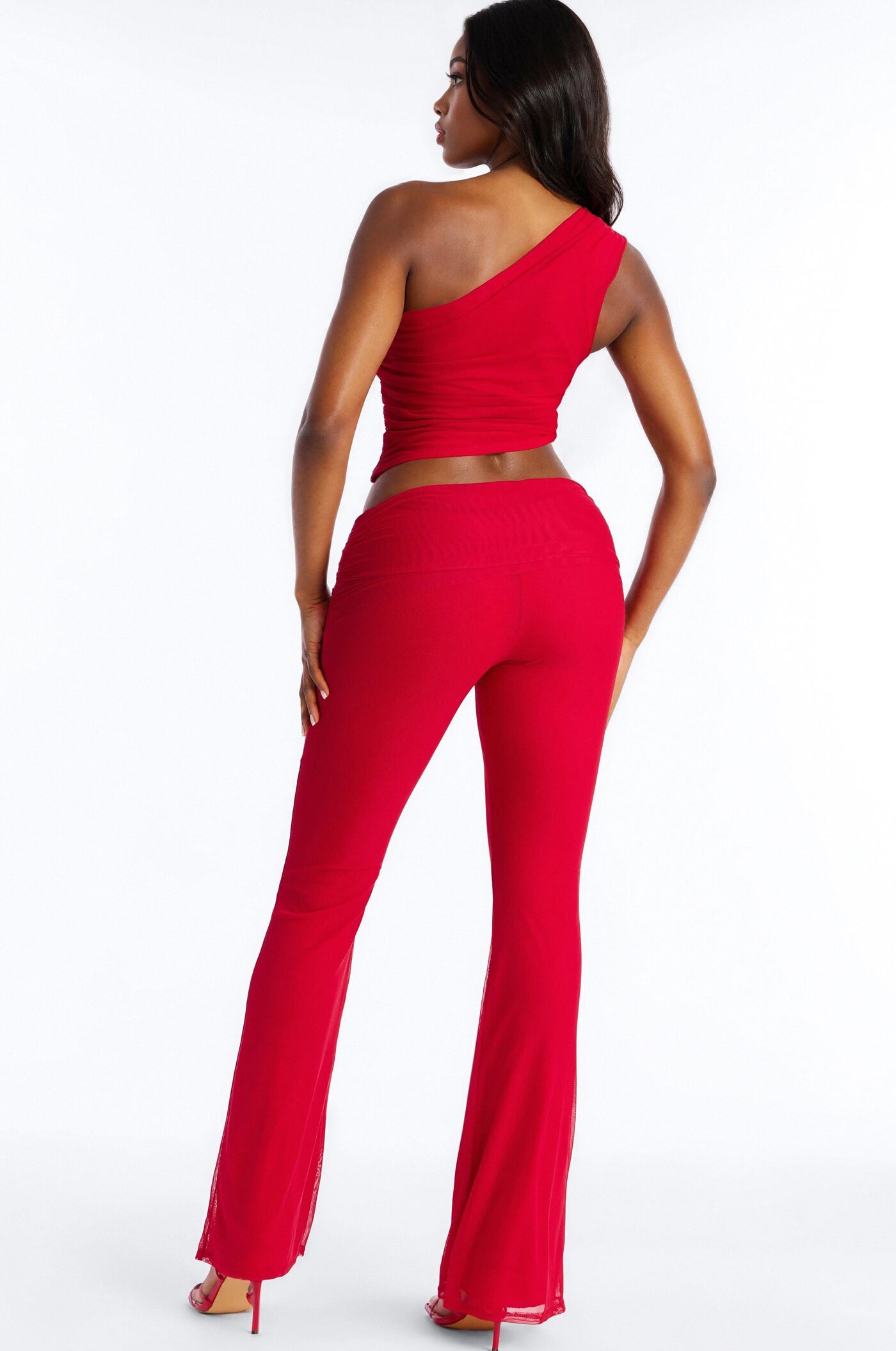 Hailey Asymmetrical Mesh Pant Set - Red