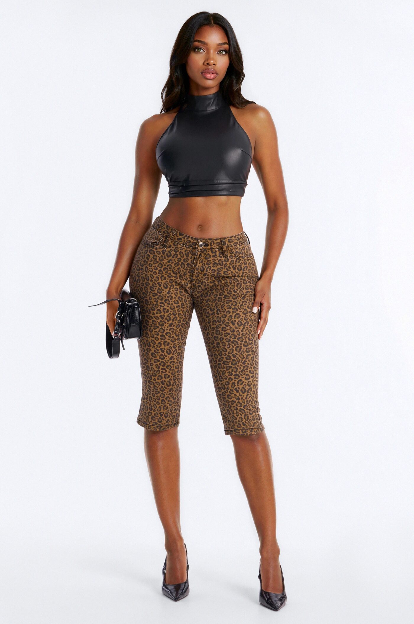 Retro Animal Skinny Capri Jeans - Brown Combo