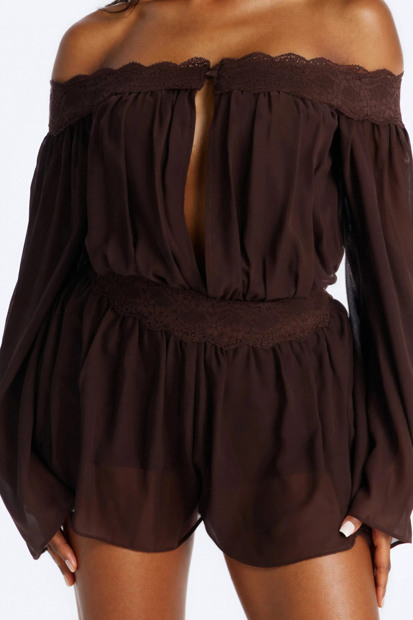 Cecilia Chiffon Off Shoulder Lace Romper - Chocolate