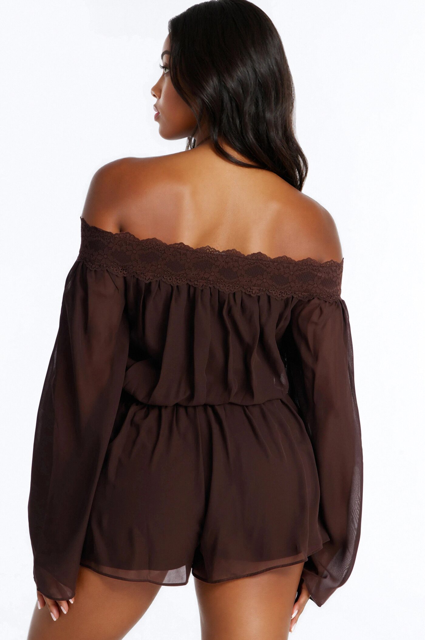 Cecilia Chiffon Off Shoulder Lace Romper - Chocolate