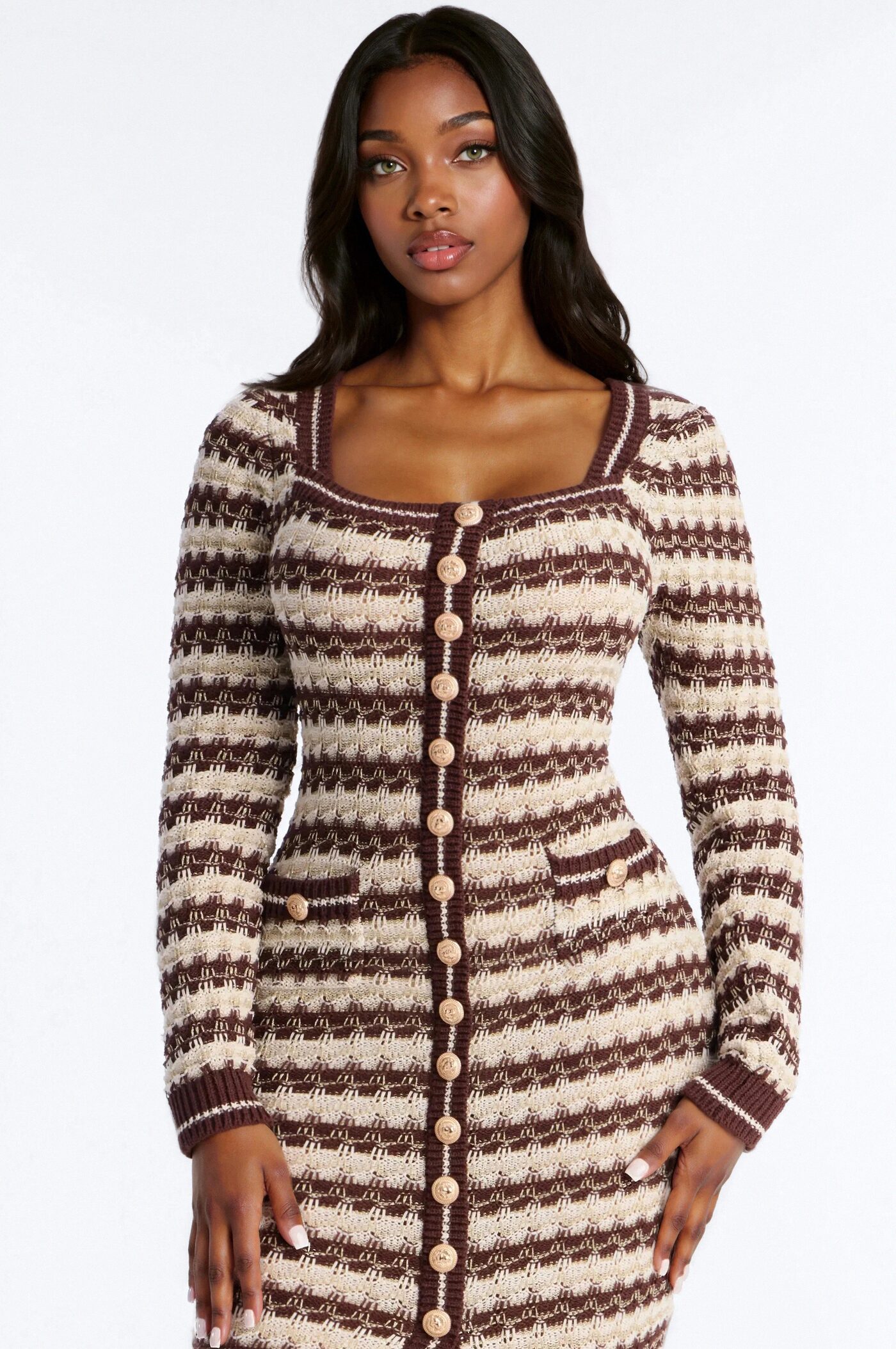 Hana Long Sleeve Sweater Midi Dress - Brown/combo