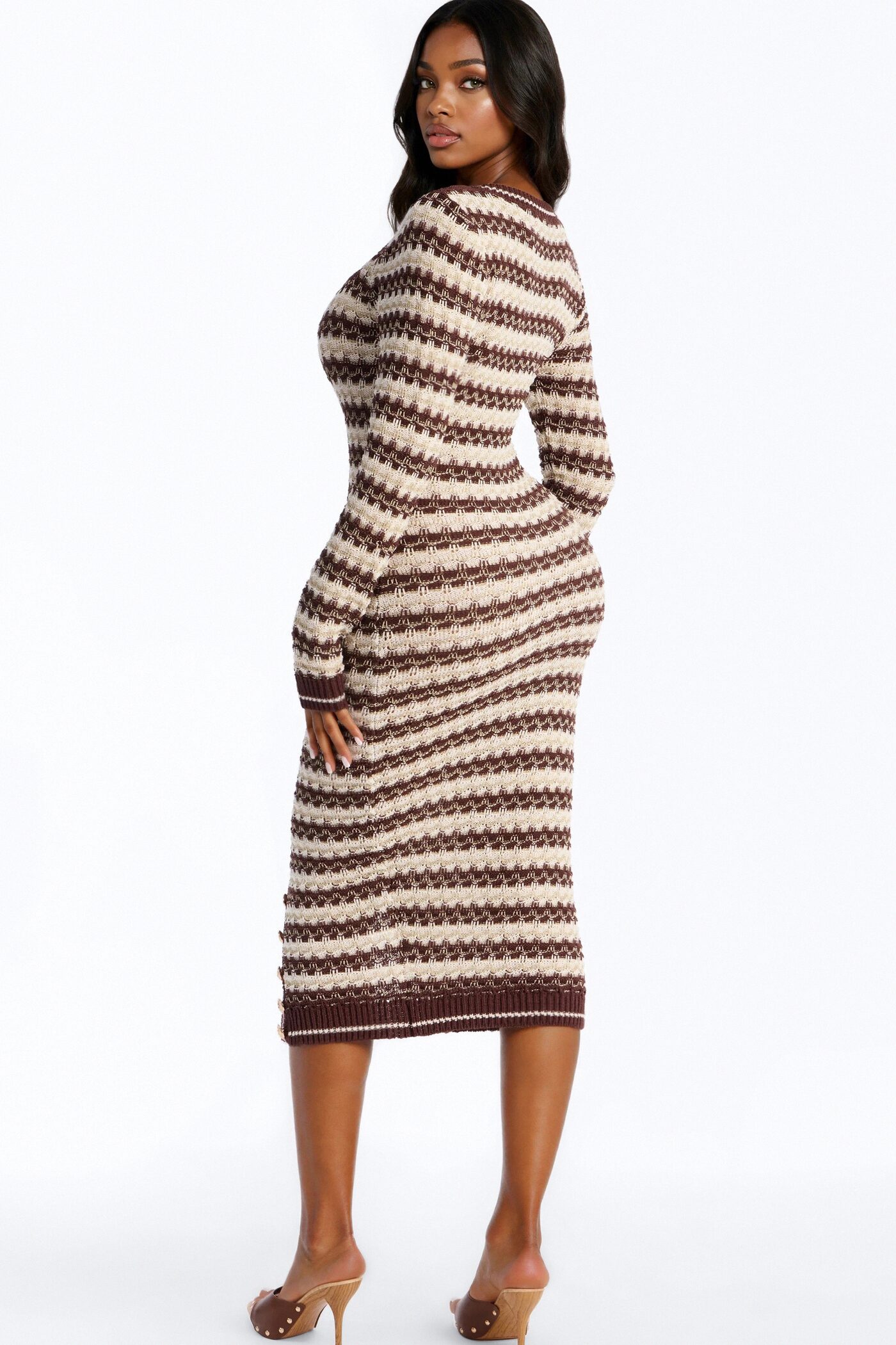 Hana Long Sleeve Sweater Midi Dress - Brown/combo