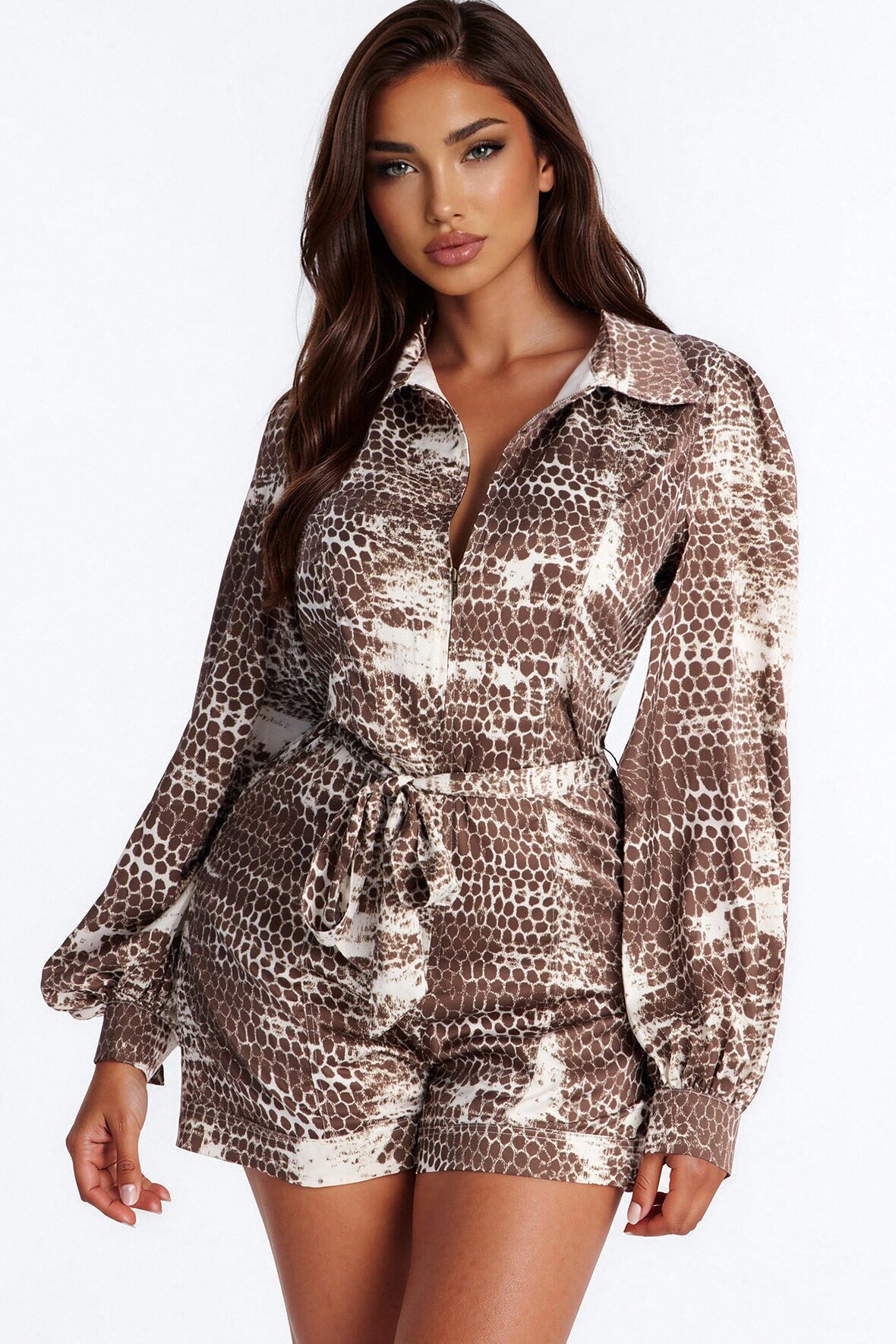 Sonayah Satin Tie Waist Romper - Brown/combo