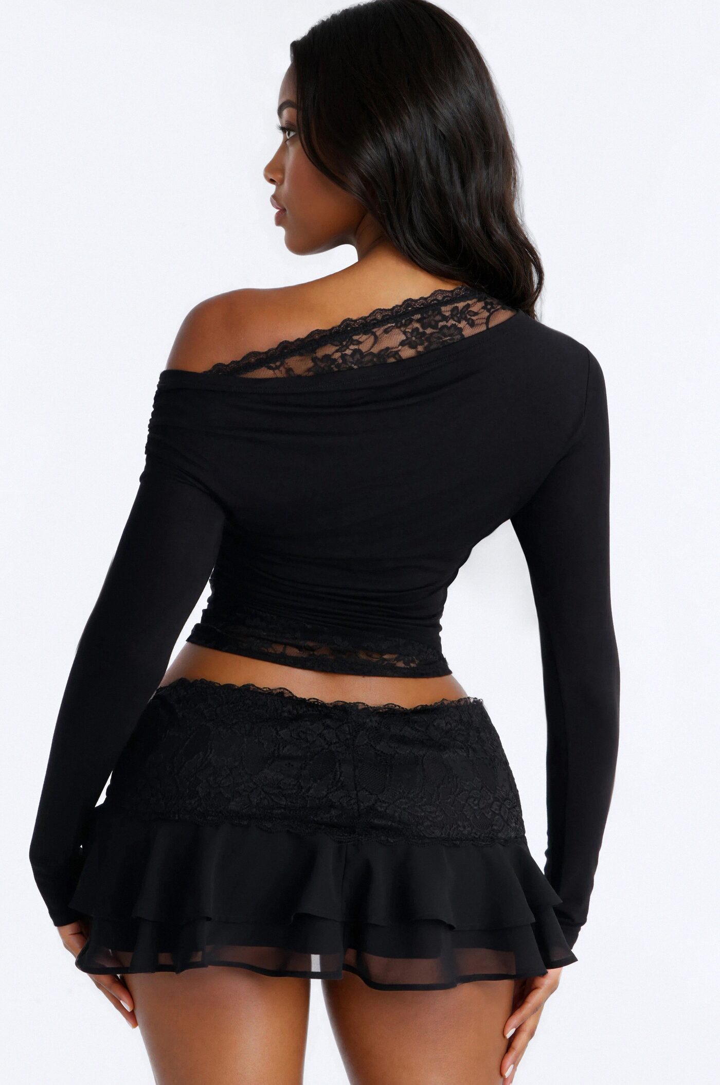 Zoe Layered Lace Off Shoulder Long Sleeve Top - Black