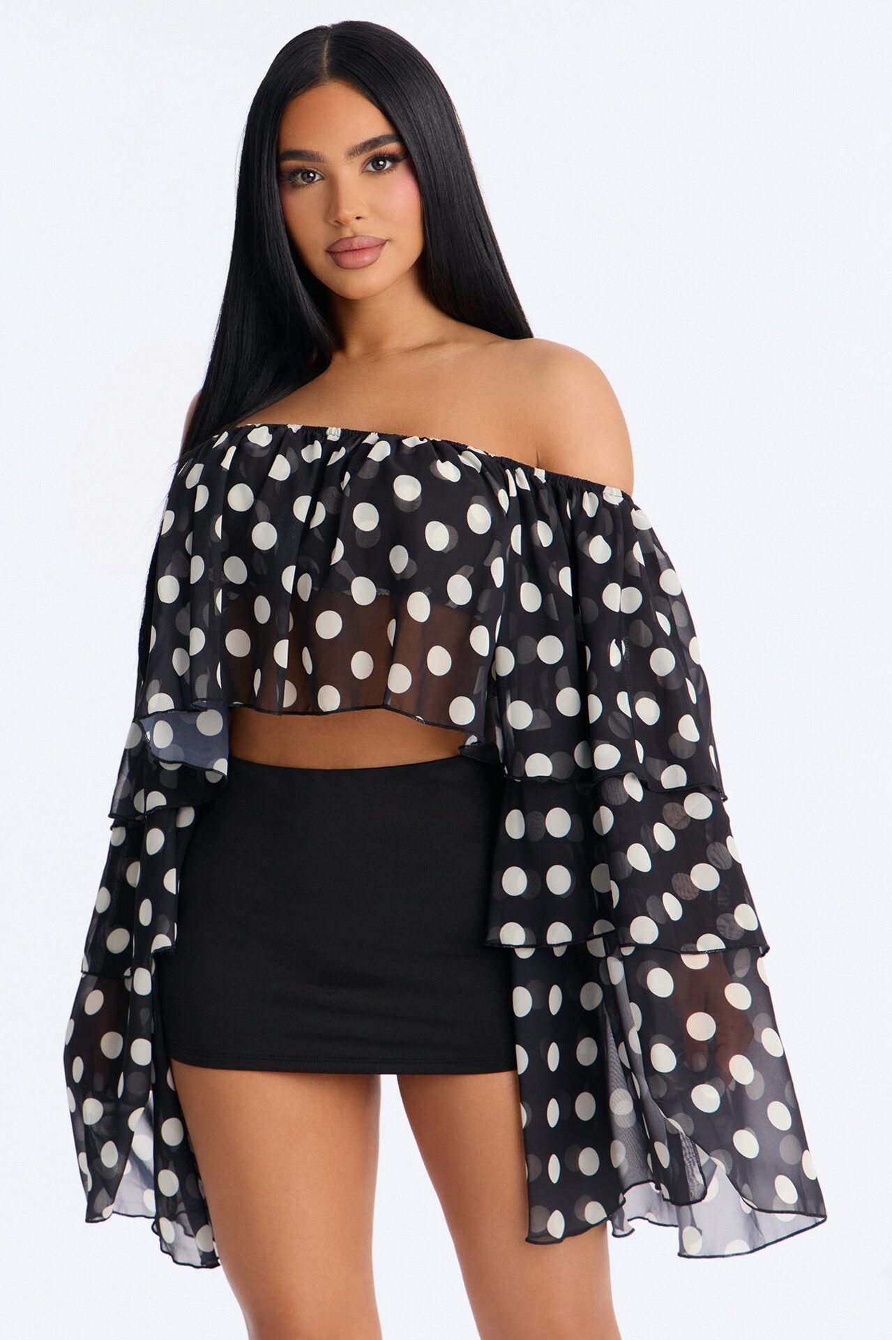 Polka Dot Glow Off Shoulder Chiffon Top - Black/combo