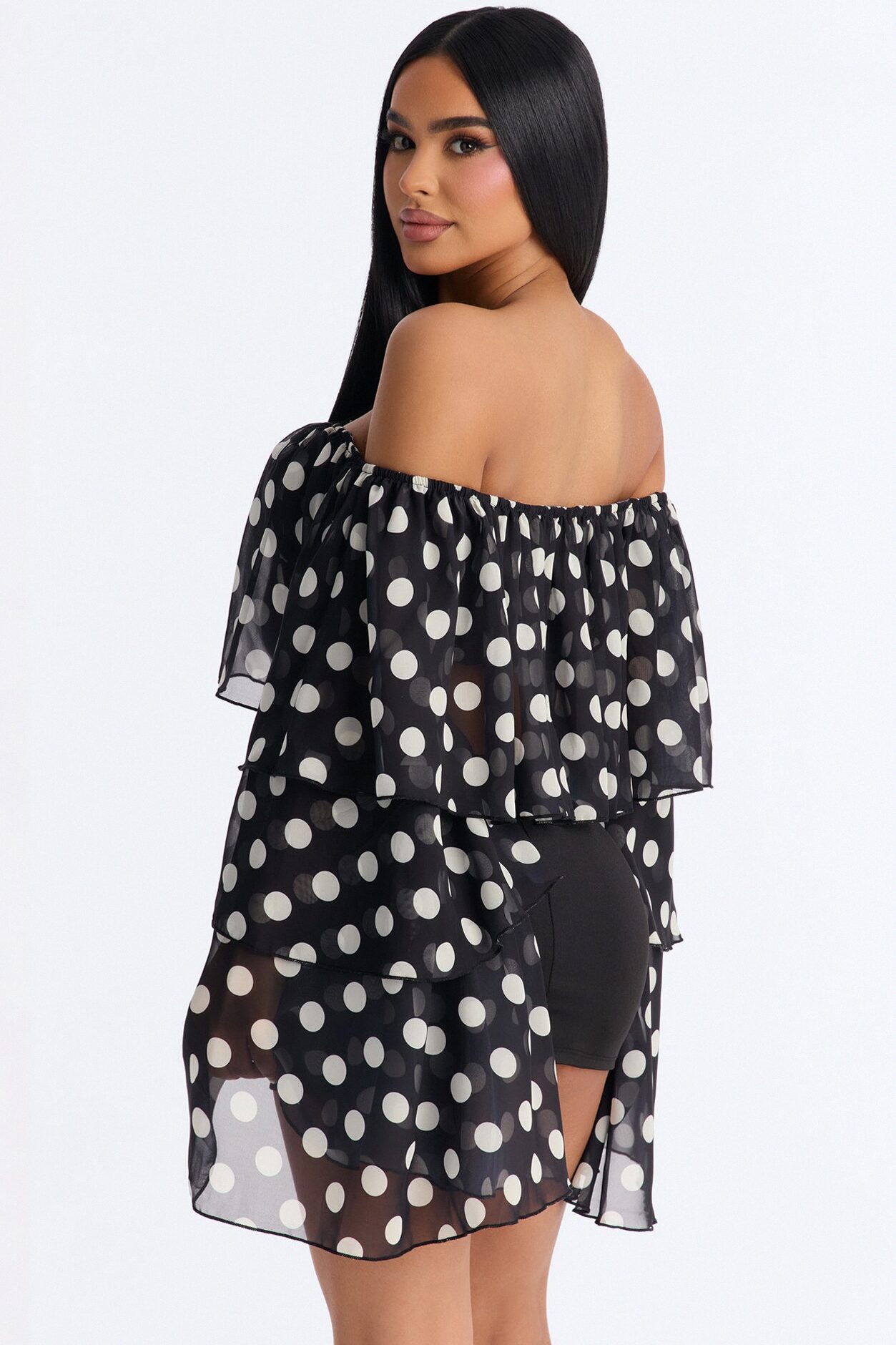 Polka Dot Glow Off Shoulder Chiffon Top - Black/combo