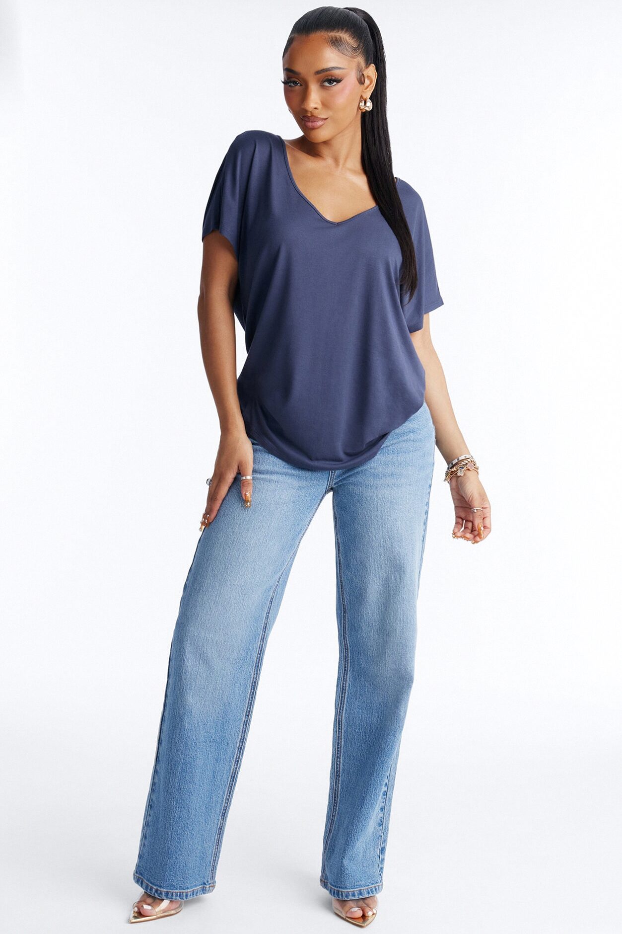 Tasmin Oversized V Neck Tee - Navy