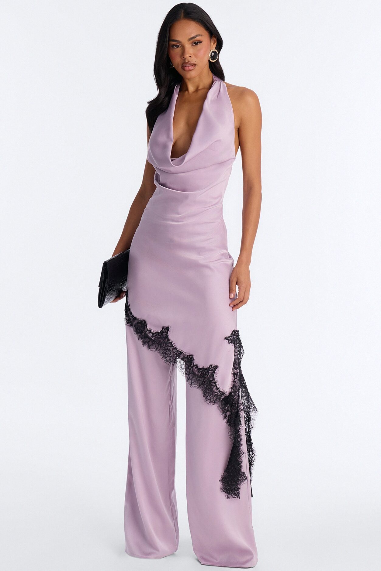 Ariana Asymetrical Lace Trim Satin Jumpsuit - Lavender