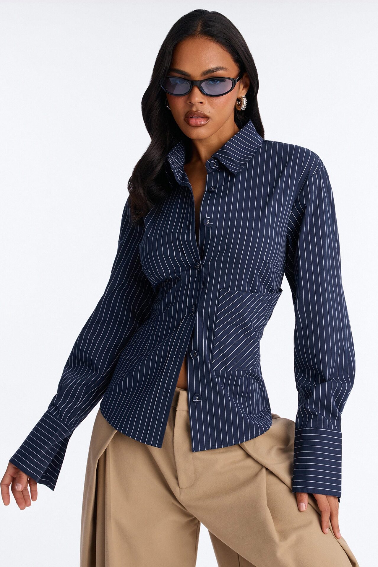 Jenna Pinstripe Poplin Shirt - Navy/combo