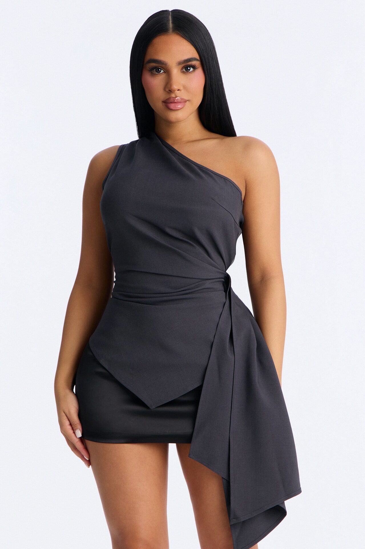 Muse In Motion One Shoulder Draped Top - Charcoal
