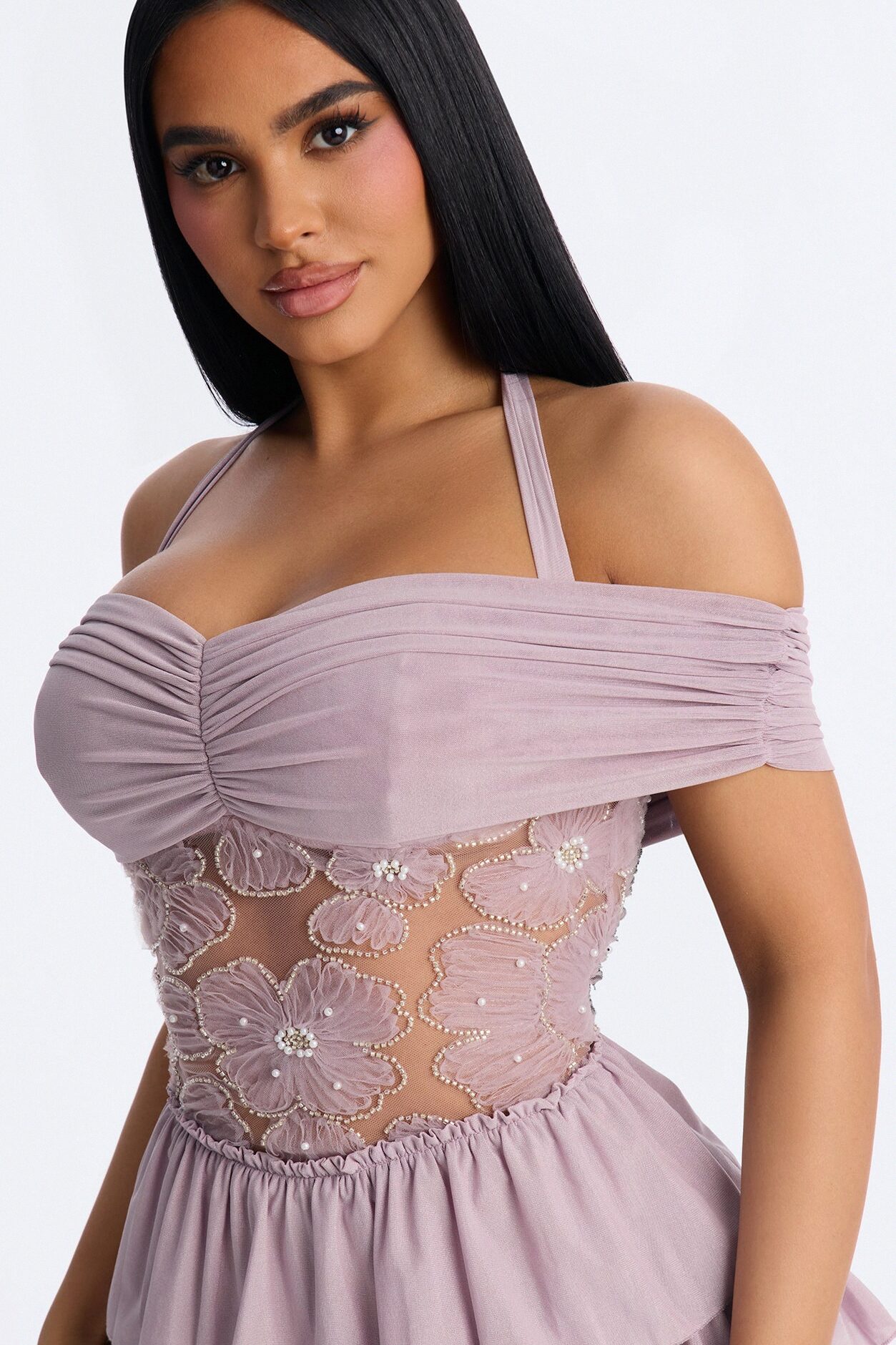 Remi Ruffle Beaded Mesh Mini Dress - Mauve