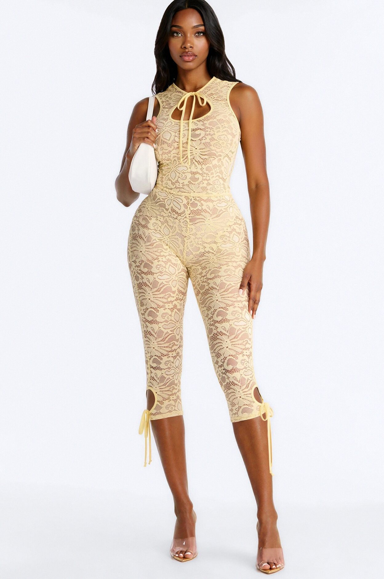 Love Aura Lace Capri Jumpsuit - Butter Yellow