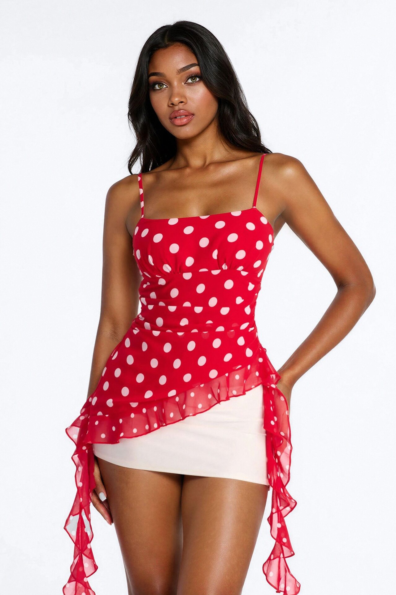 Kaydie Polka Dot Ruffle Detail Chiffon Top - Red/combo