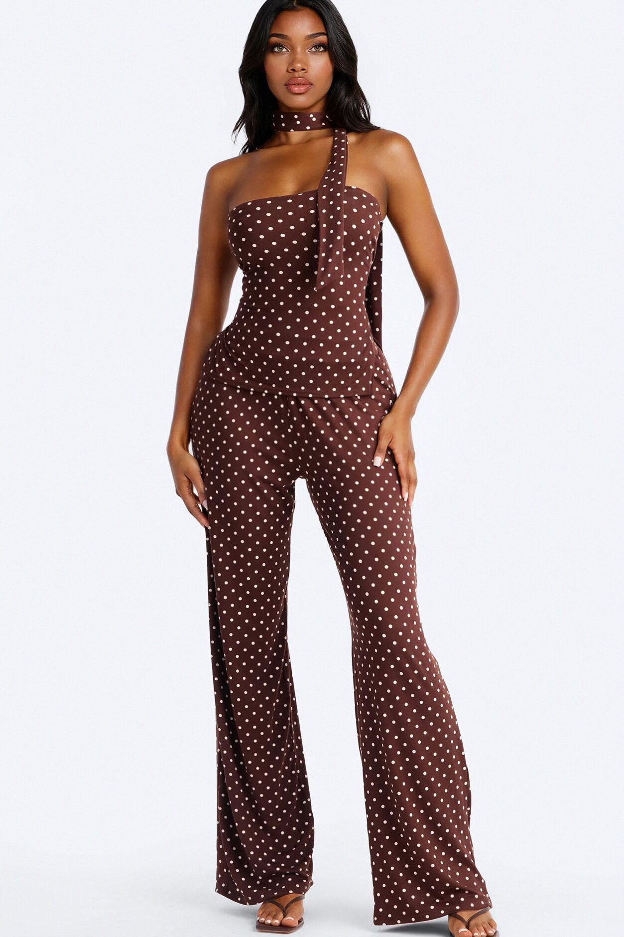 Anette Polka Dot 3 Piece Pant Set - Brown Combo