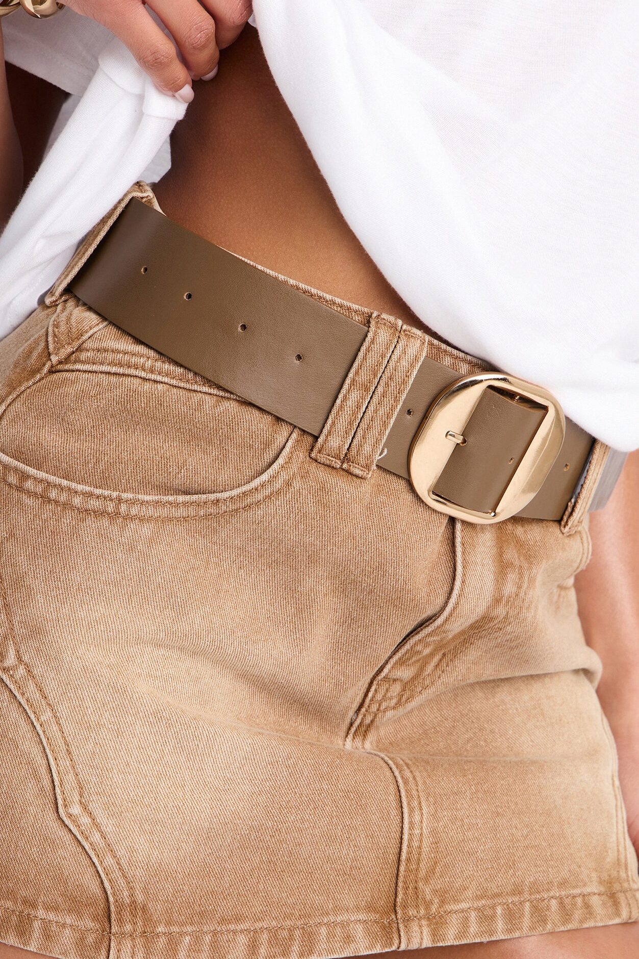 Western Babe Belted Denim Mini Skirt - Brown