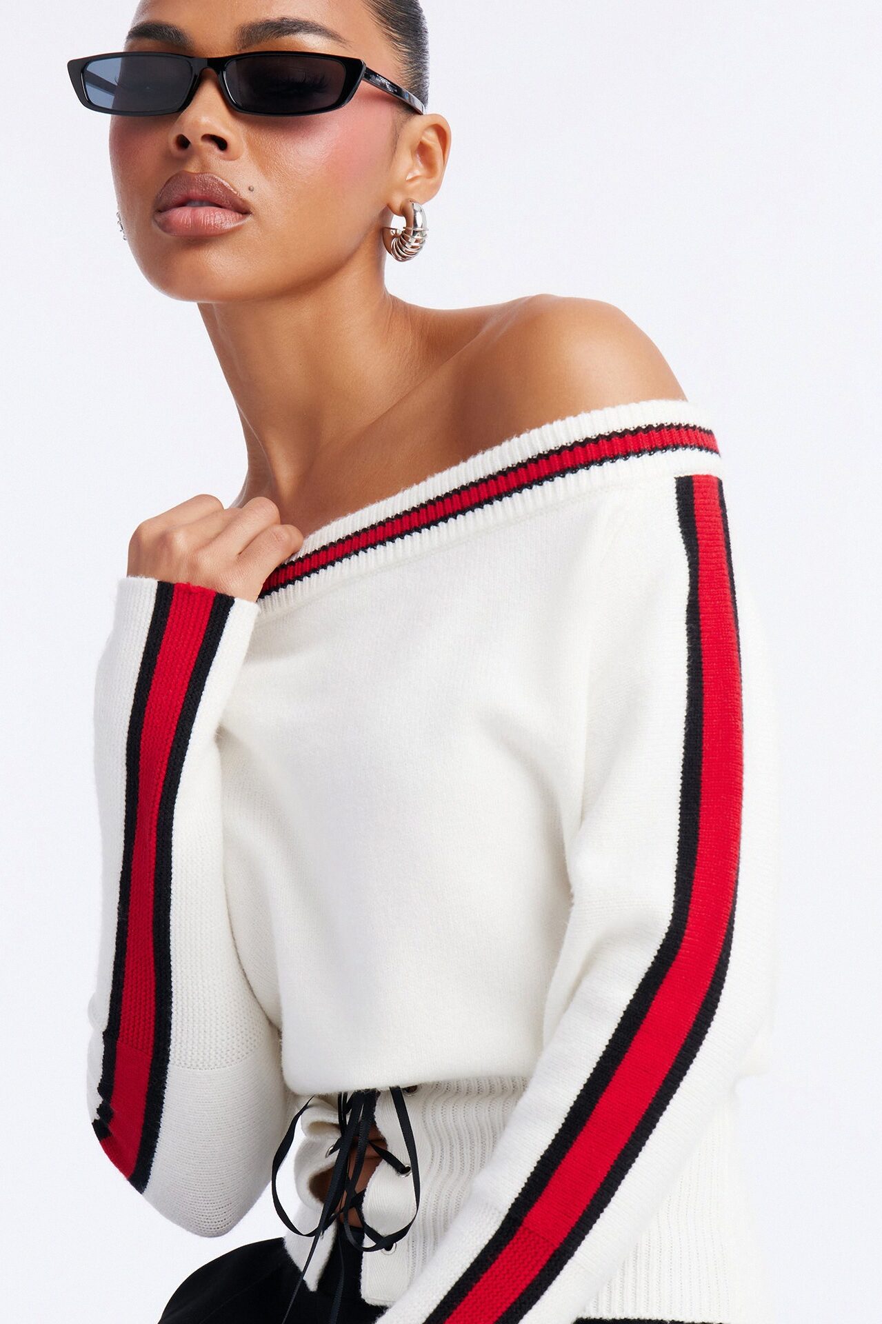 All You Need Off Shoulder Lace Up Sweater Top - White/combo