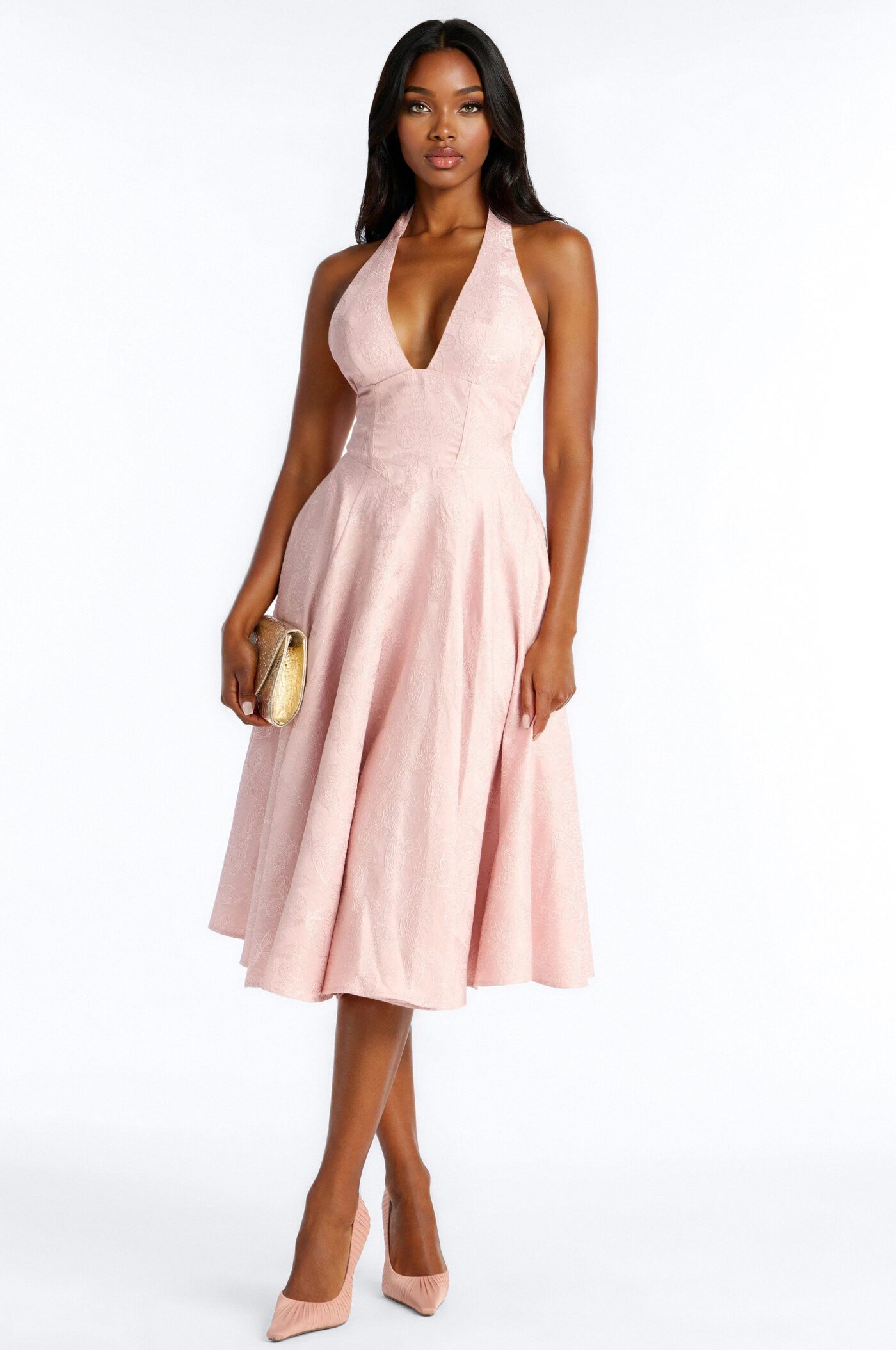 Yvette Halter Jacquard Midi Dress - Blush