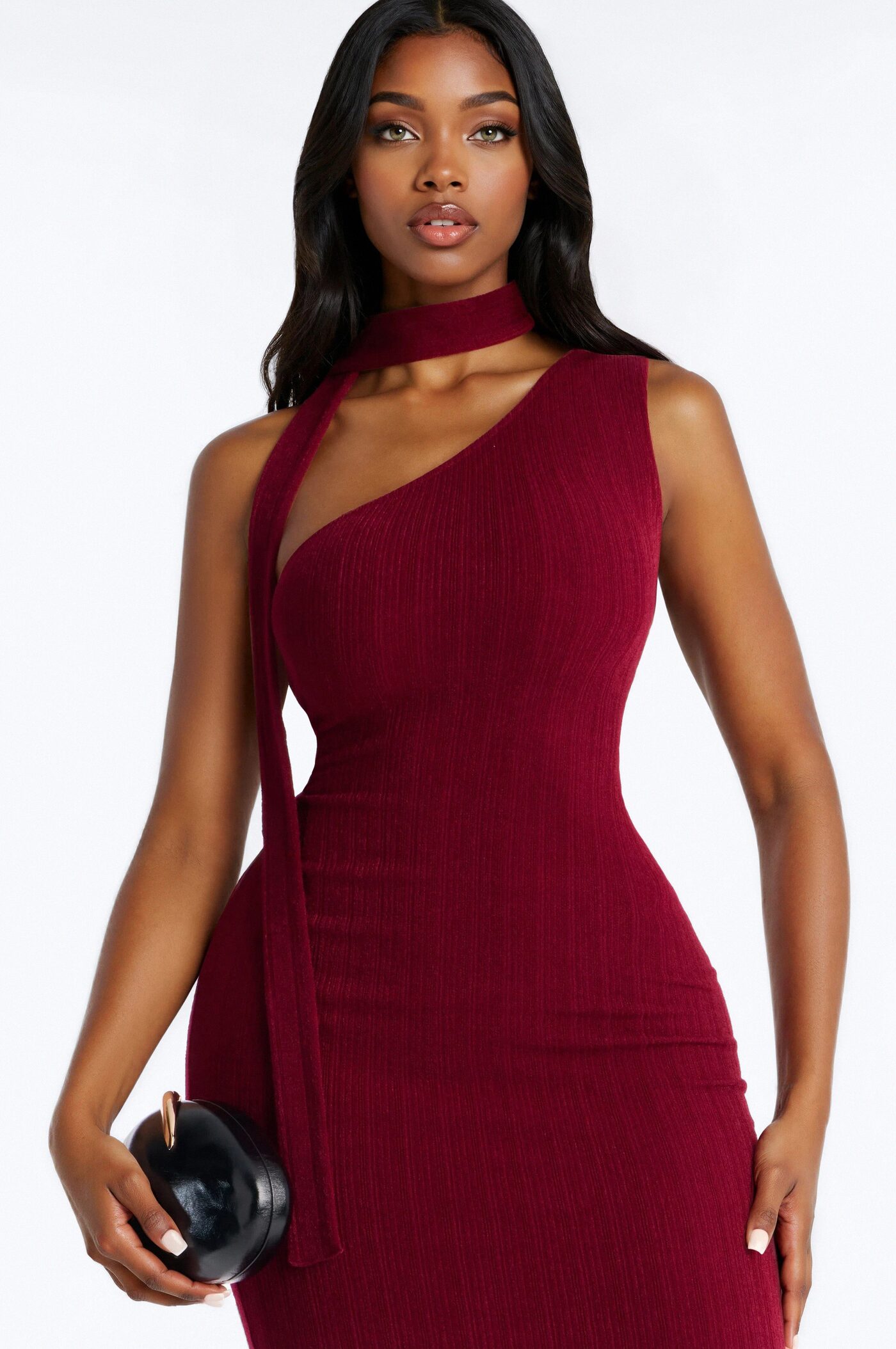 Pamela Scarf Textured Midi Dress - Wine