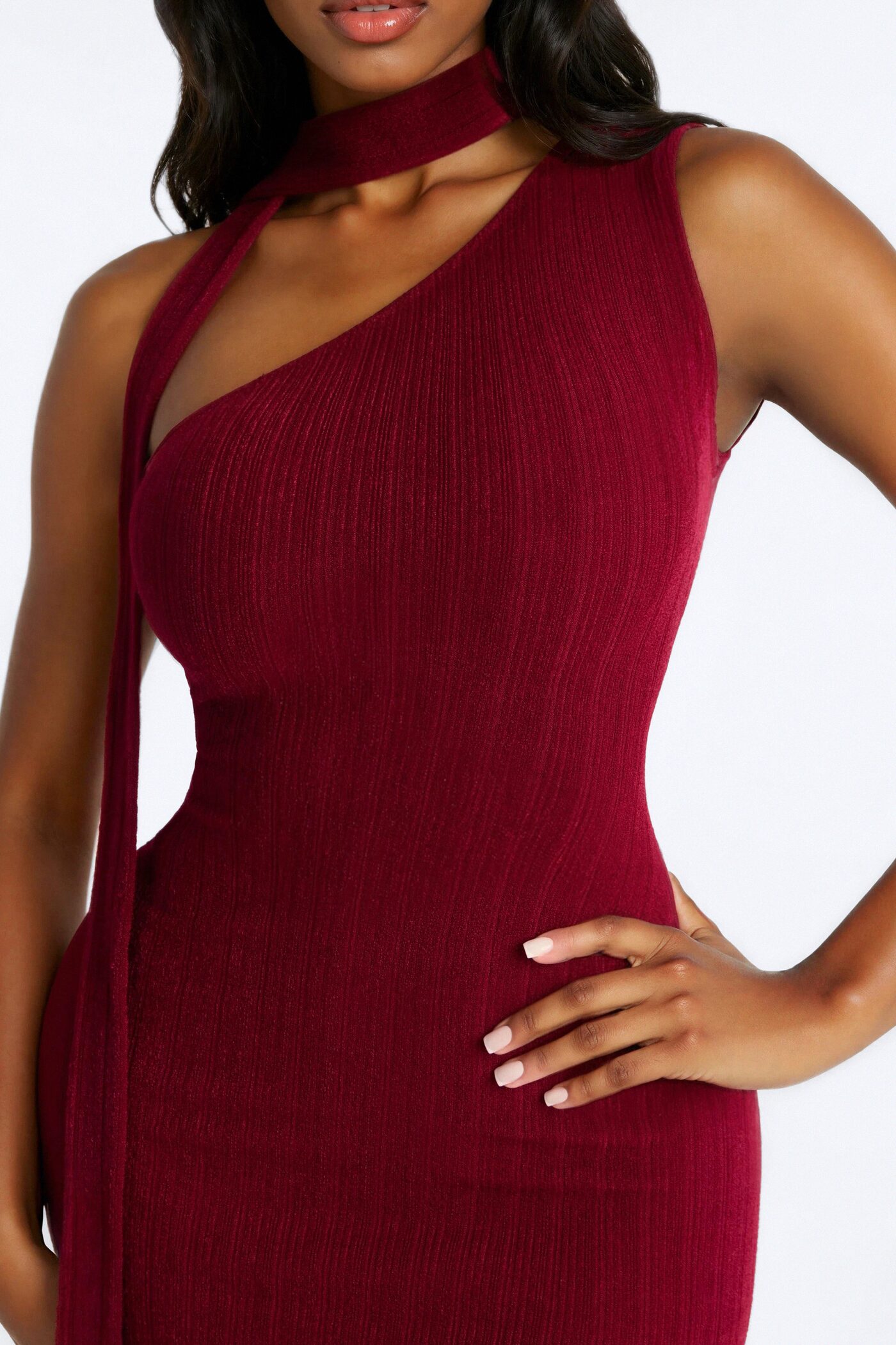 Pamela Scarf Textured Midi Dress - Wine