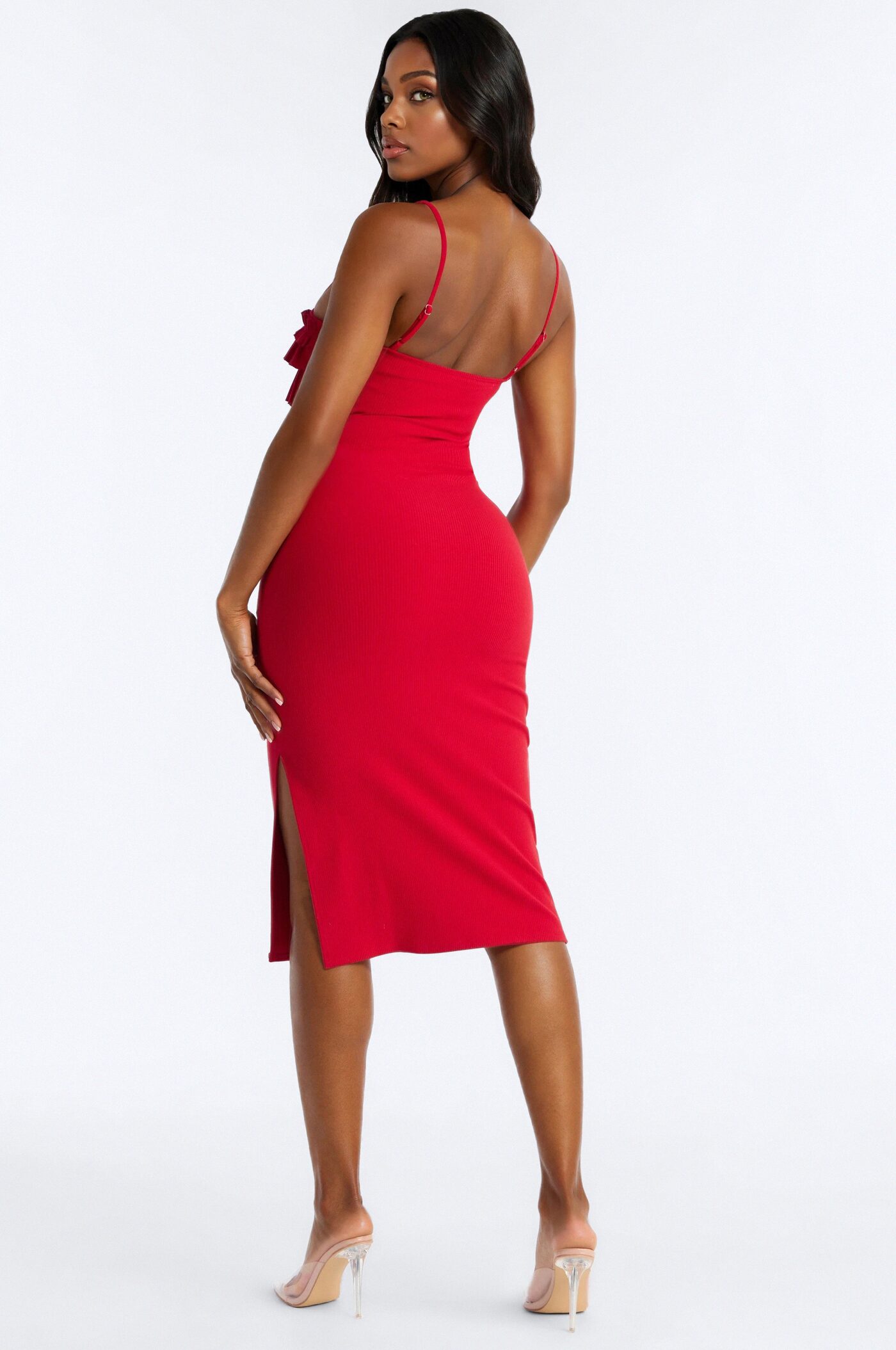 Paloma Ruffle Ribbed Midi Dress - Red