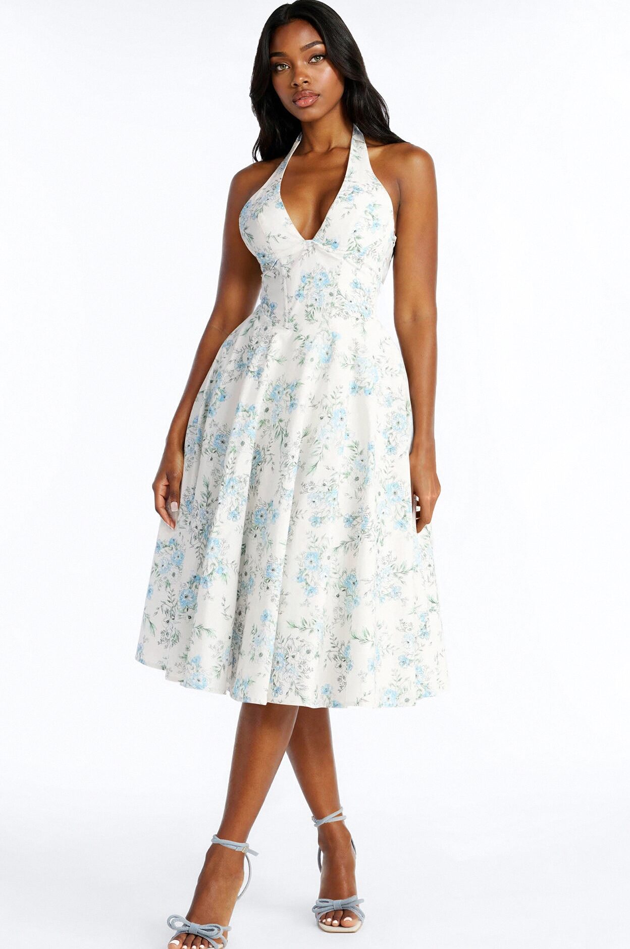 Adelaide Halter Floral Midi Dress - White/Blue