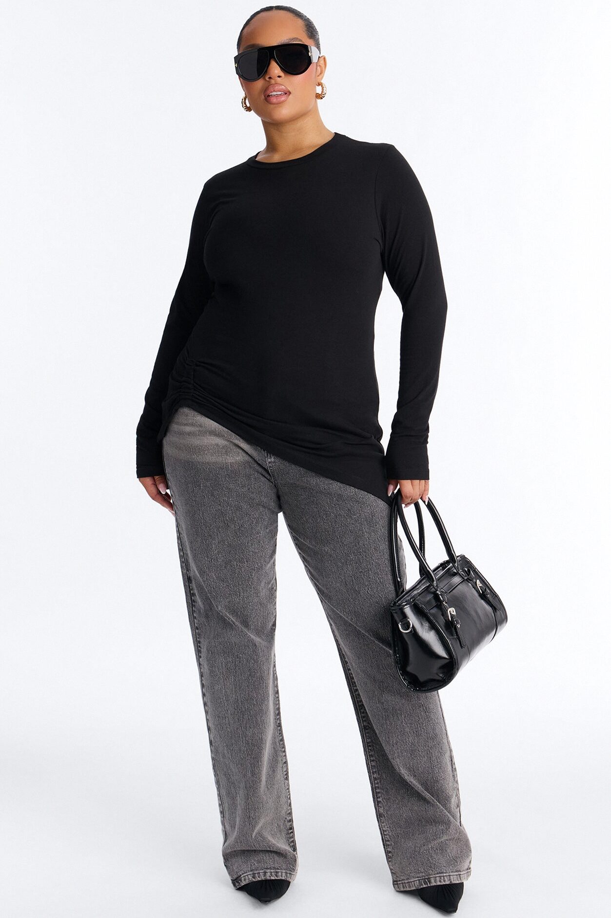 Soft Allure Ruched Asymmetrical Long Sleeve Top - Black
