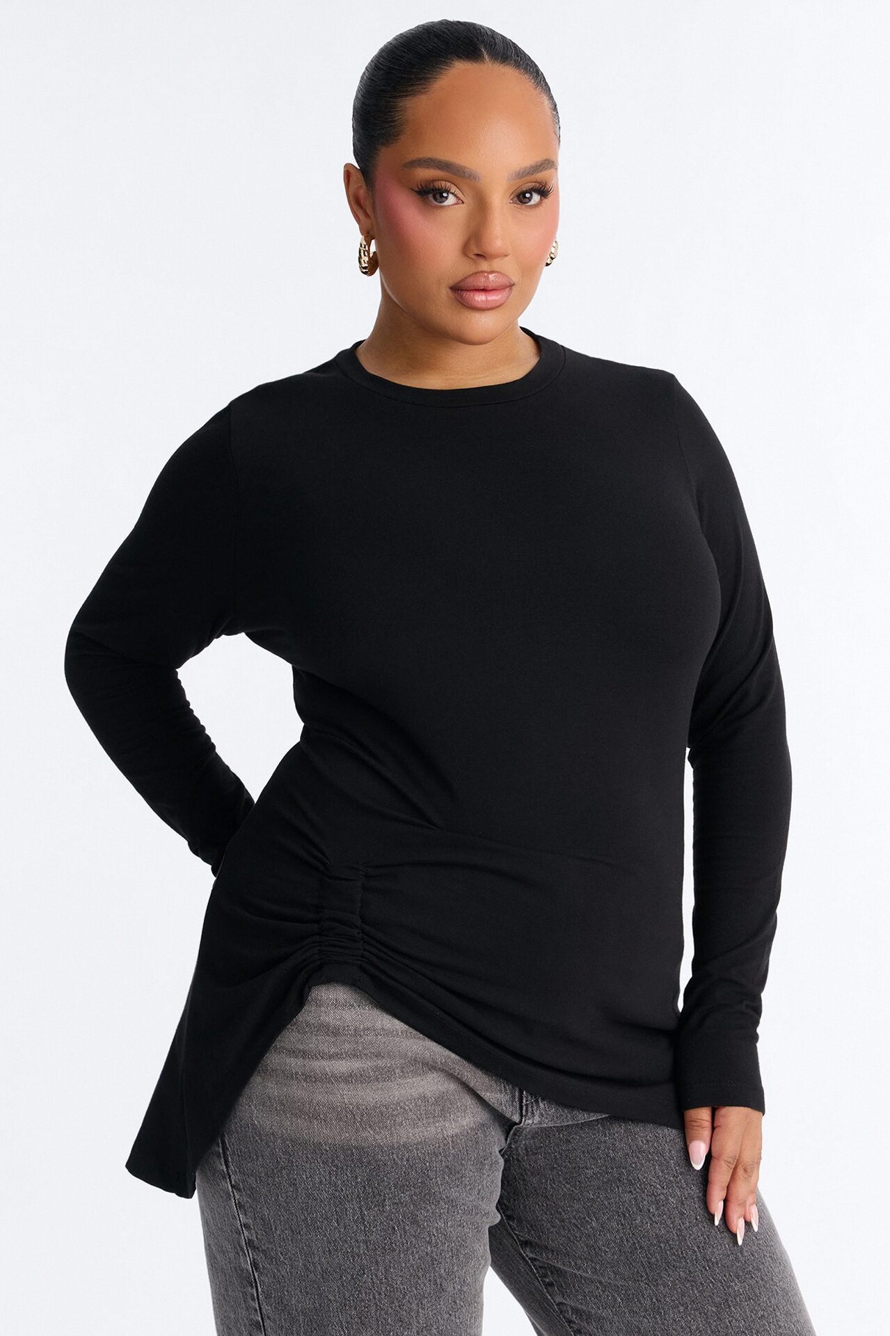 Soft Allure Ruched Asymmetrical Long Sleeve Top - Black