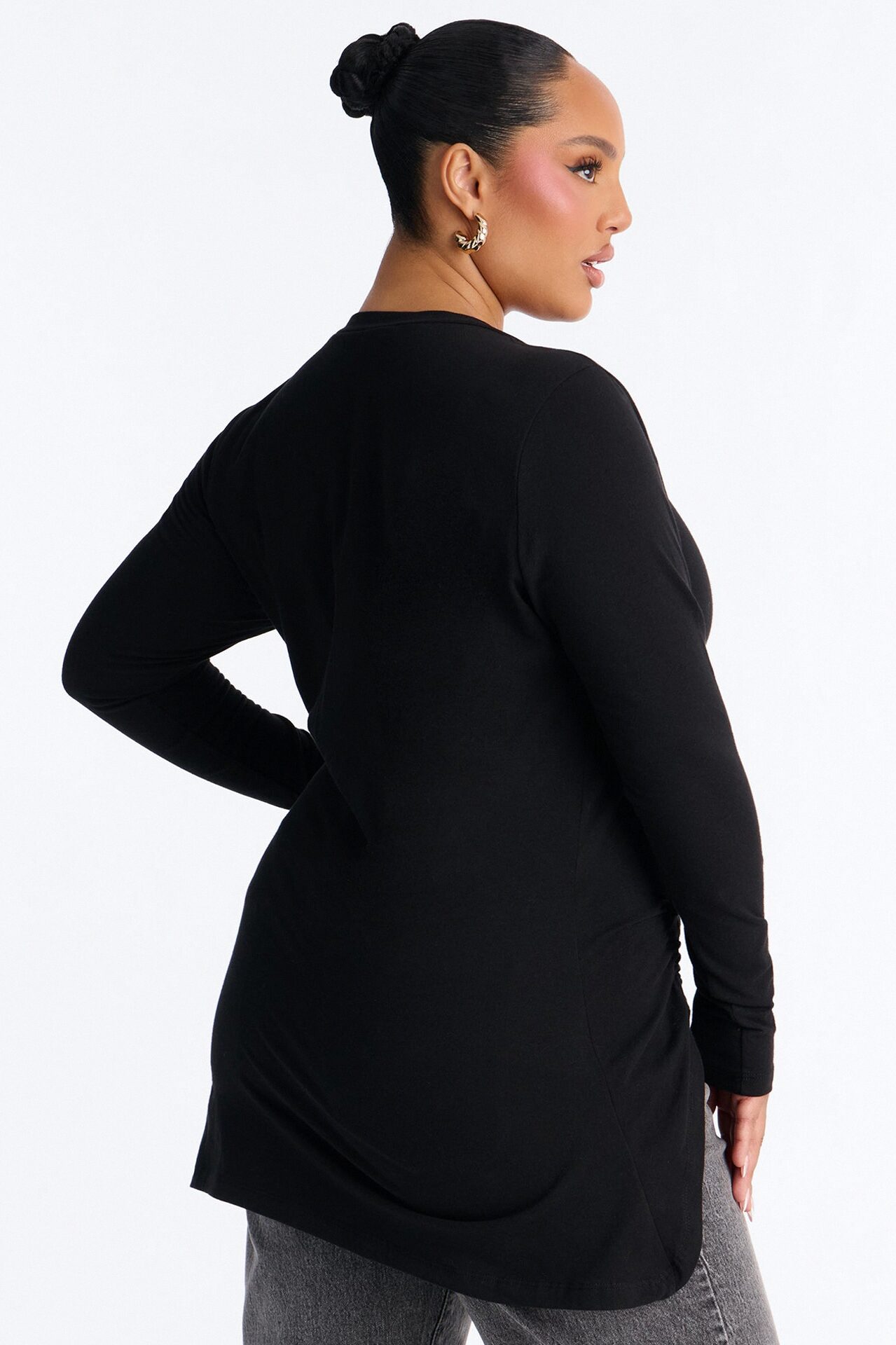 Soft Allure Ruched Asymmetrical Long Sleeve Top - Black