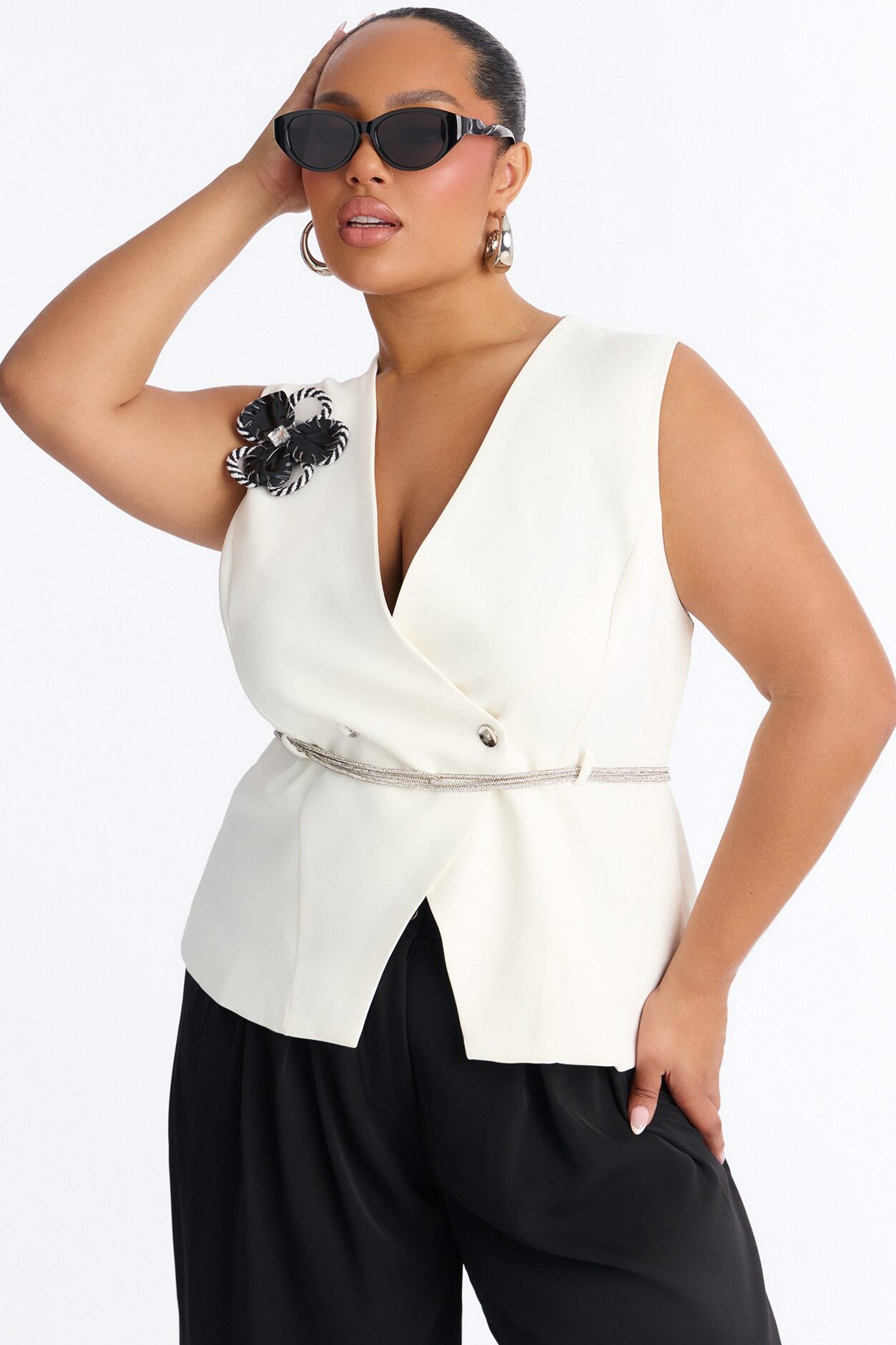 Elise Belted Vest 3 Piece Pant Set - Black/White