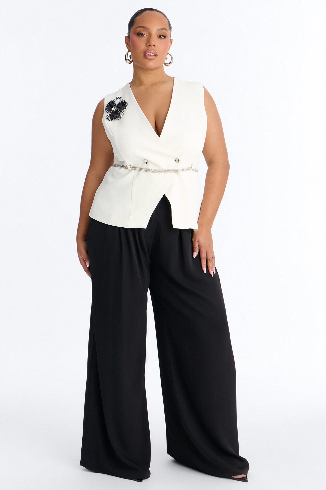 Elise Belted Vest 3 Piece Pant Set - Black/White