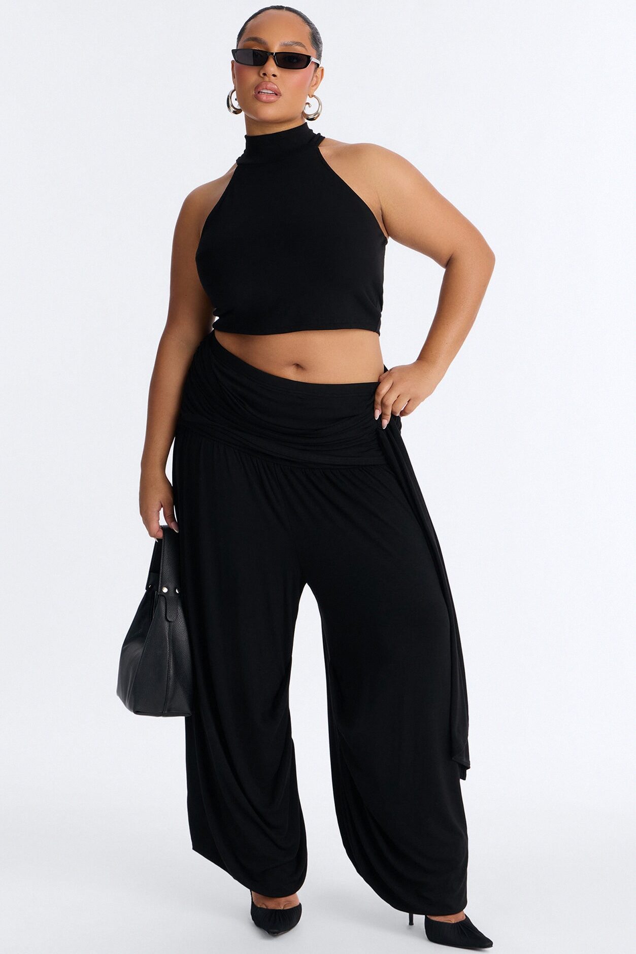Anya Mock Neck Balloon Pant Set - Black