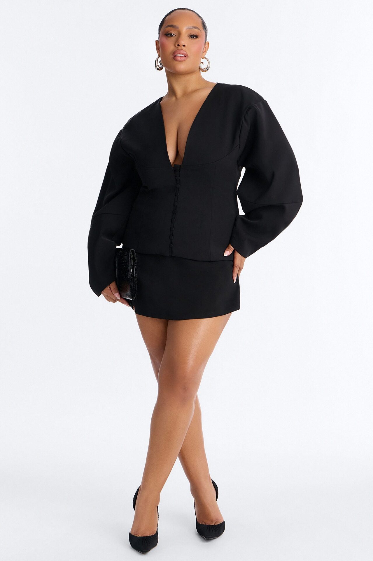 Off Duty Boss Puff Sleeve Button Front Blouse - Black